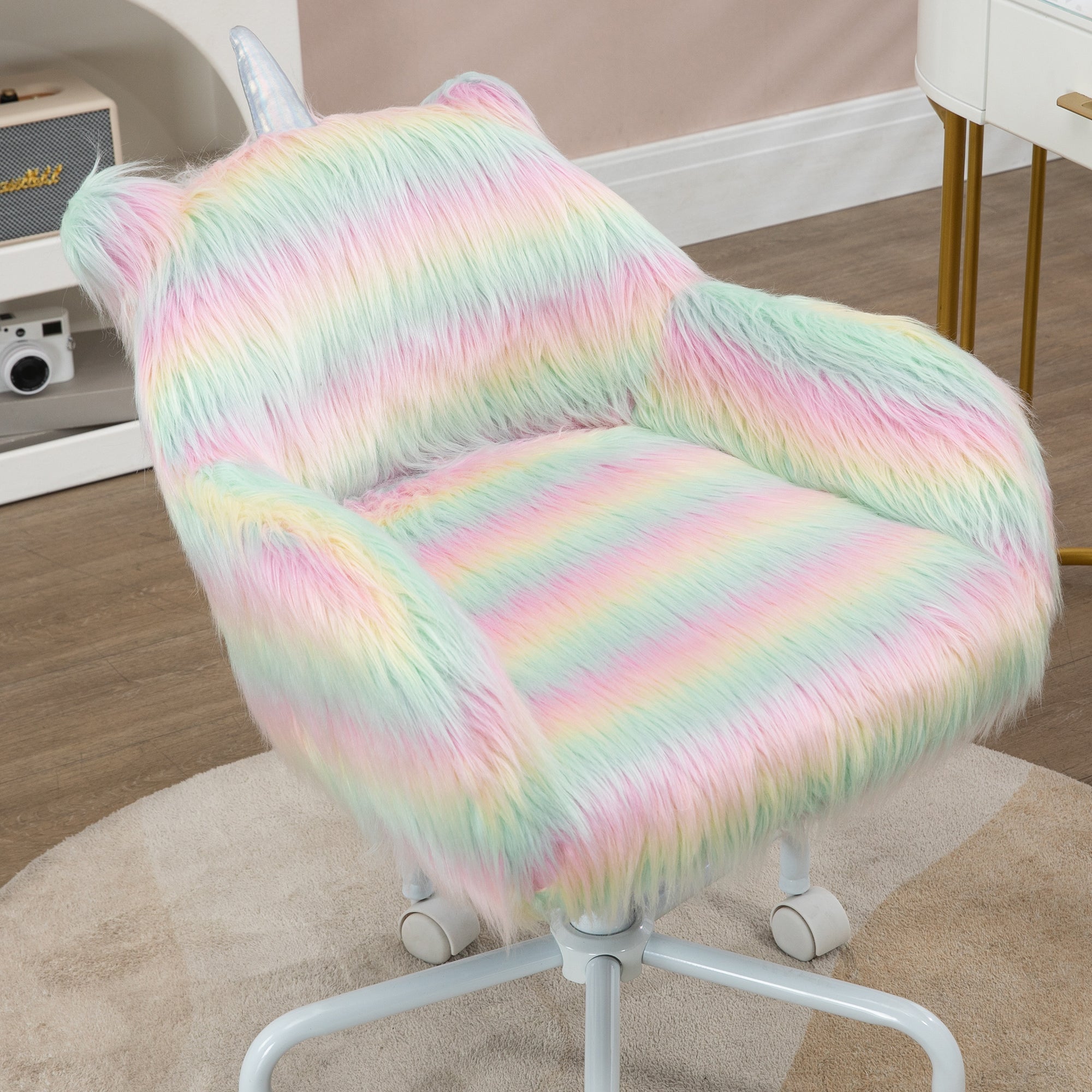 Vinsetto Unicorn Home Office Chair, Height Adjustable Fluffy Desk Chair with Armrests and Swivel Wheels, Colourful - North Peak Garden Furniture