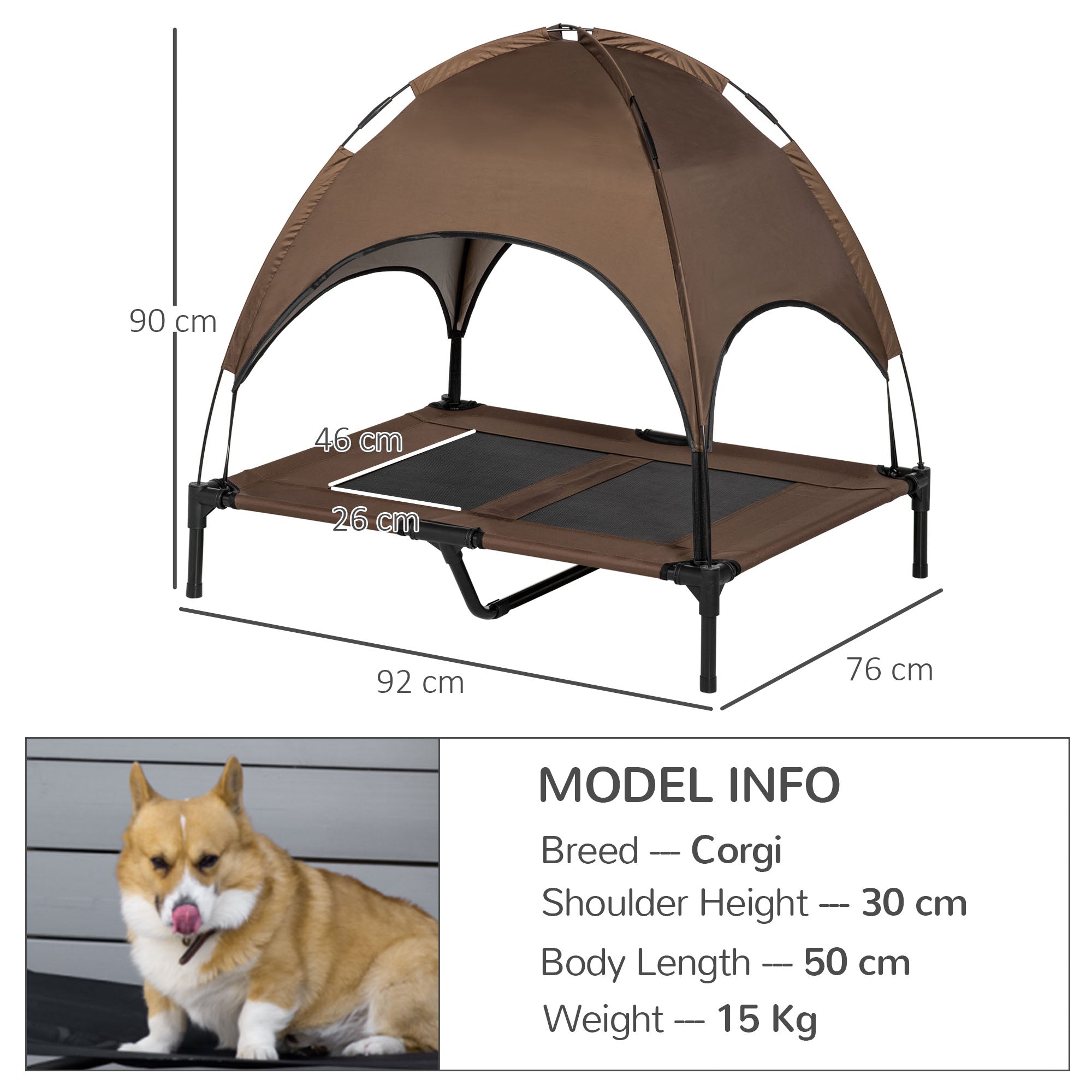 PawHut Raised Dog Bed Waterproof Elevated Pet Cot with Breathable Mesh UV Protection Canopy Coffee, for Large Dogs, 92 x 76 x 90cm - North Peak Garden Furniture