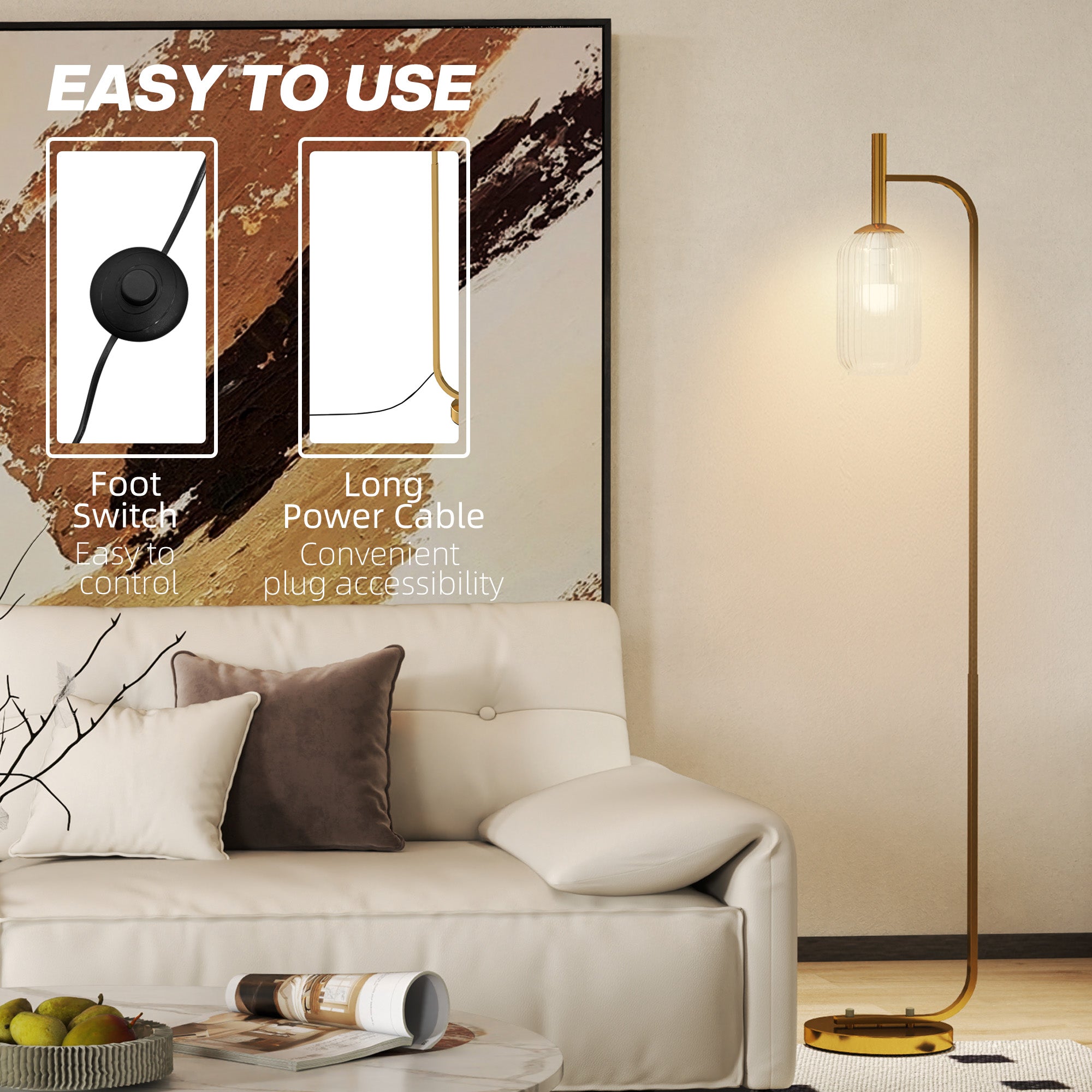 HOMCOM Floor Lamp for Living Room with Glass Lampshade, Modern Standing Lamp with Foot Switch for Bedroom, Bulb not Included, Gold Tone