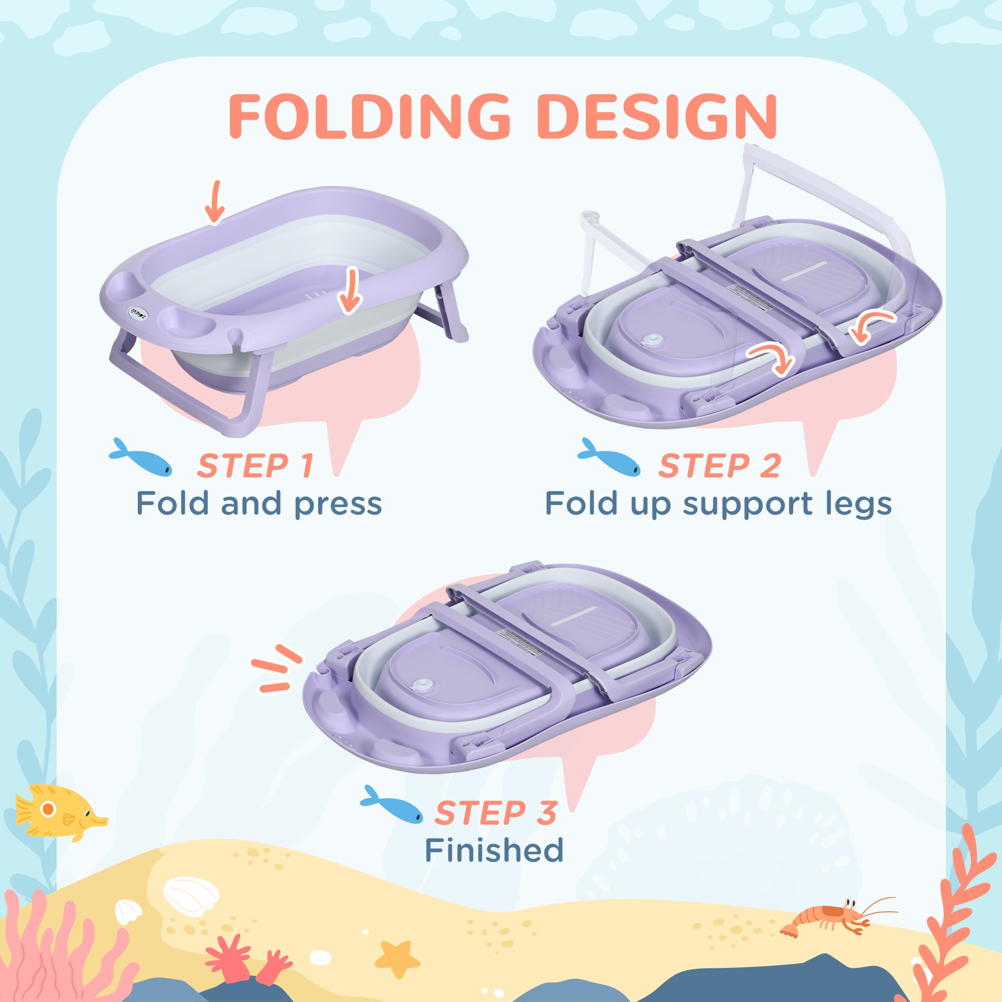 ZONEKIZ Foldable Baby Bathtub, with Non-Slip Support Legs, Cushion Pad, Shower Holder - Purple - North Peak Garden Furniture