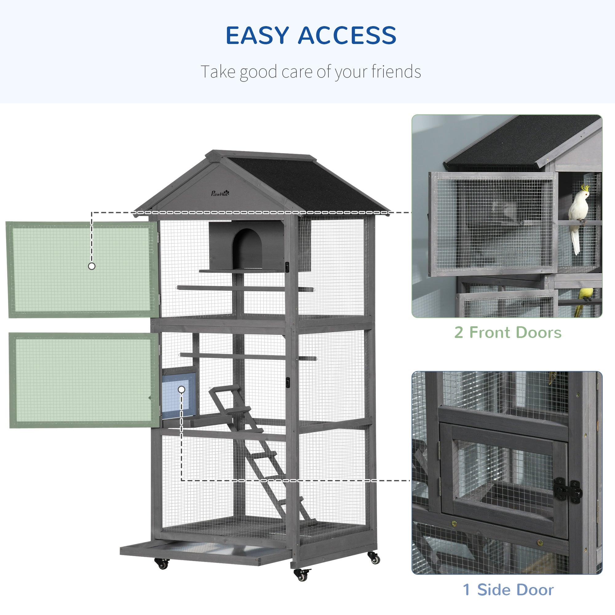 PawHut Bird Cage budgie cage Wooden Outdoor Aviary with Wheels for Canary Finch with Asphalt Roof Perch Nest Ladder Slide-out Tray, Grey - North Peak Garden Furniture