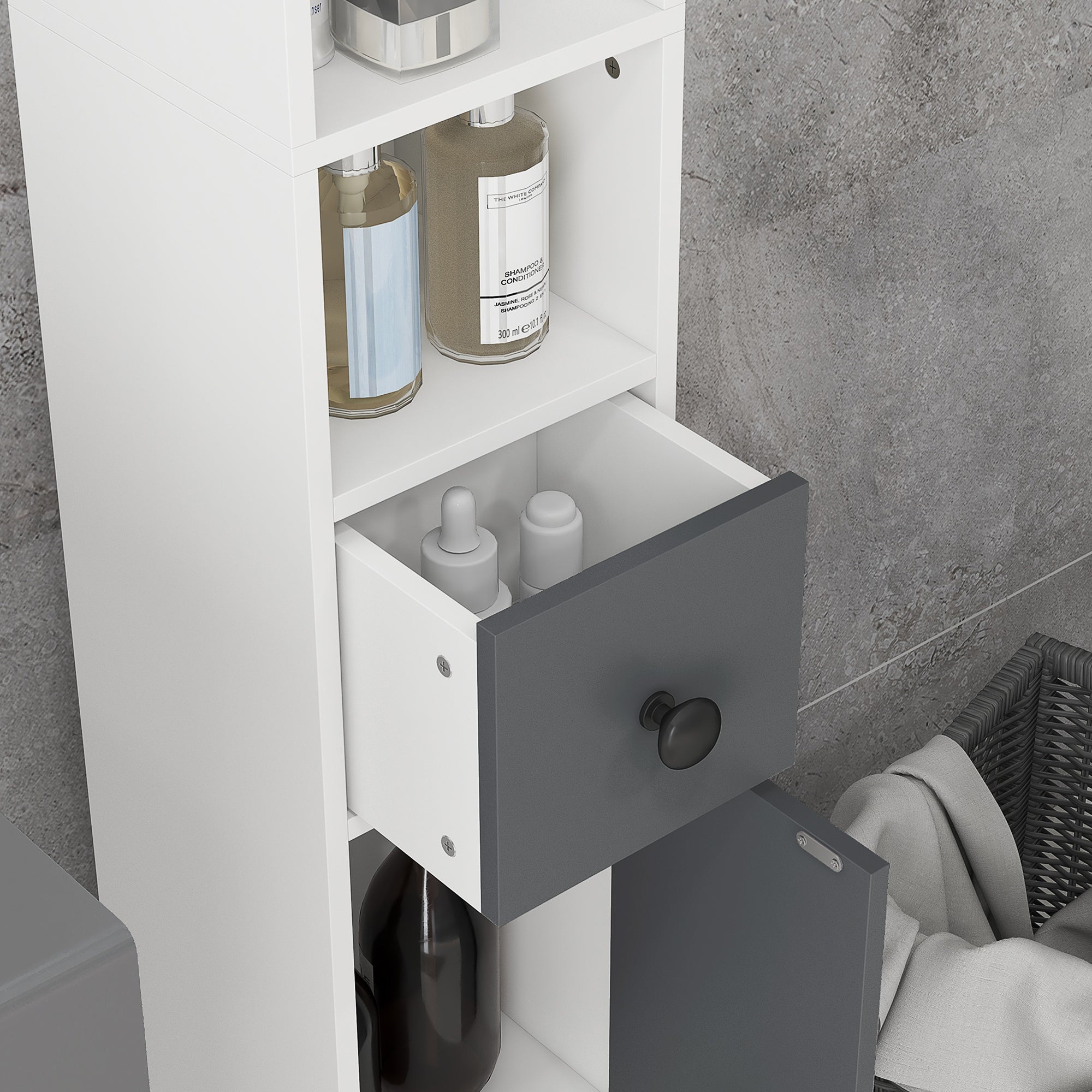 kleankin 180cm Slim Bathroom Cabinet, with Drawer, Shelves and Cupboards - Grey - North Peak Garden Furniture