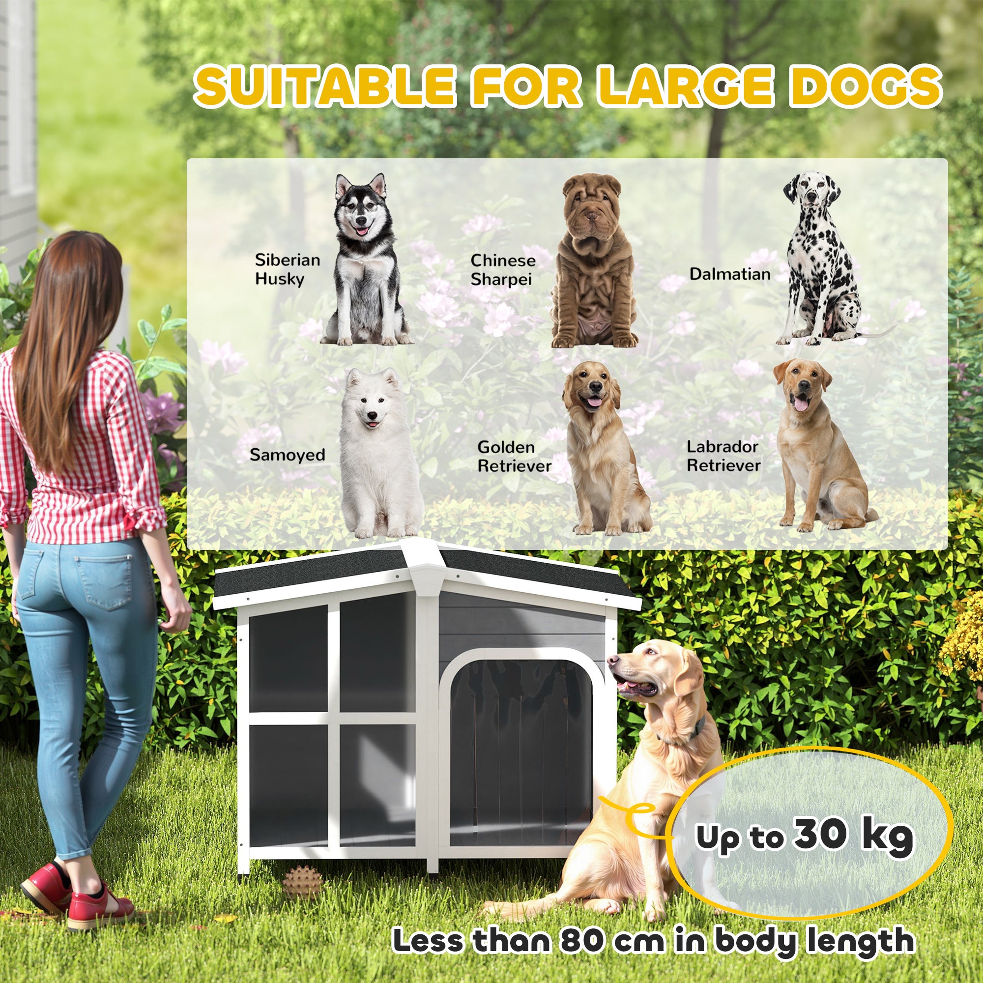 PawHut Wooden Dog Kennel with Removable Floor, Asphalt and Openable Roof, Giant Window for Large Dogs, Charcoal Grey