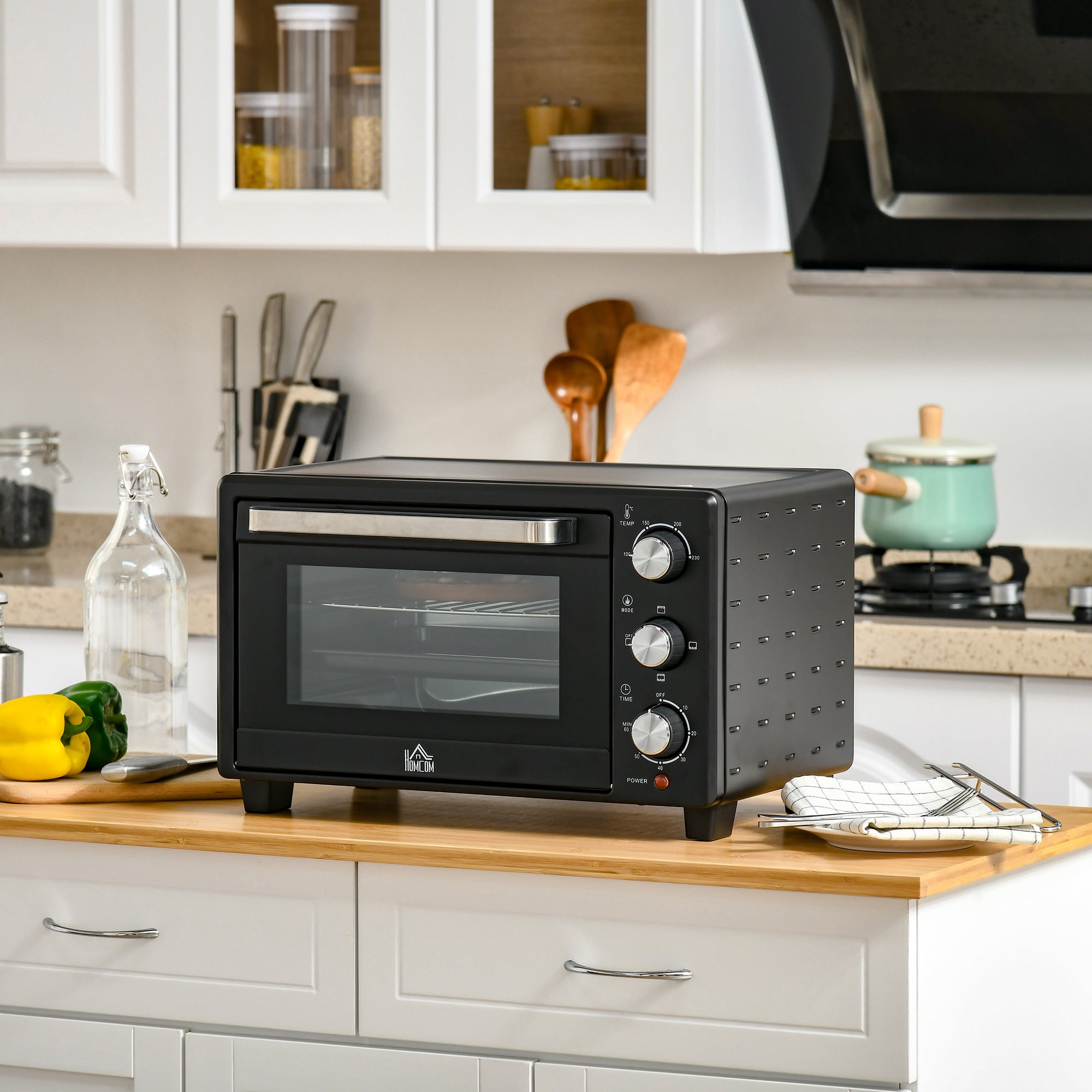 HOMCOM Mini Oven, 21L Countertop Electric Grill, Toaster Oven with Adjustable Temperature, Timer, Baking Tray and Wire Rack, 1400W, Black - North Peak Garden Furniture