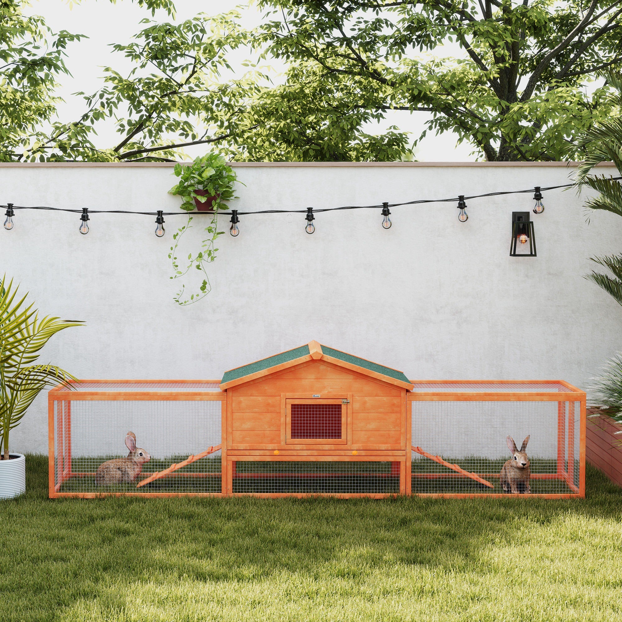 PawHut Wooden Rabbit Hutch with Run, Tray, Ramps, Asphalt Roof, 309 x 70 x 87cm, Orange - North Peak Garden Furniture