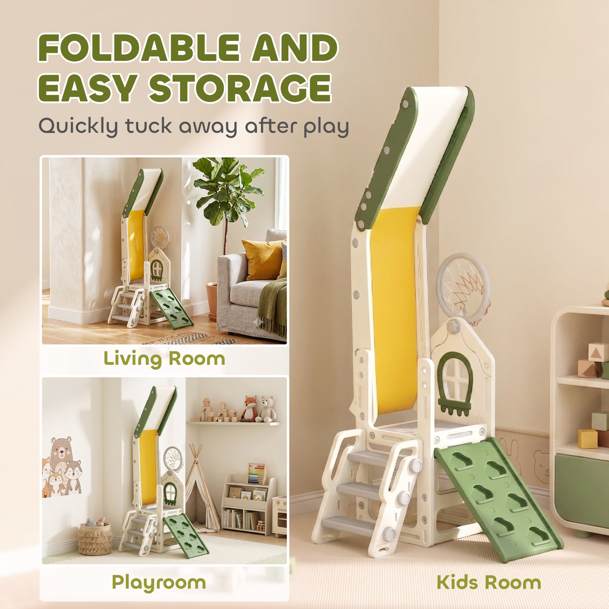 AIYAPLAY Foldable 5 in 1 Toddler Slide with Ladder, Climbing Wall, Basketball Hoop, Storage and Basketball for 1-3 Years, Cream