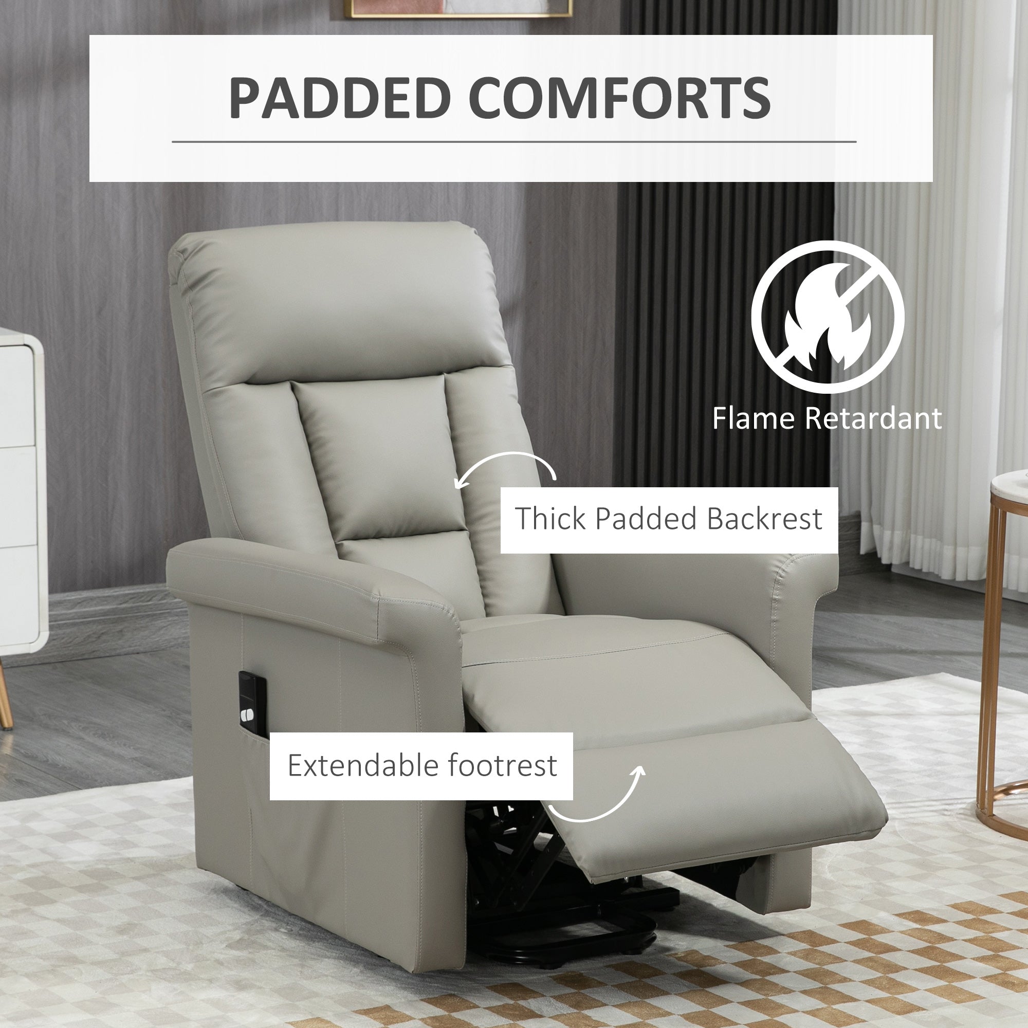 HOMCOM Power Lift Chair, PU Leather Recliner Sofa Chair for Elderly with Remote Control, Side Pocket, Grey - North Peak Garden Furniture