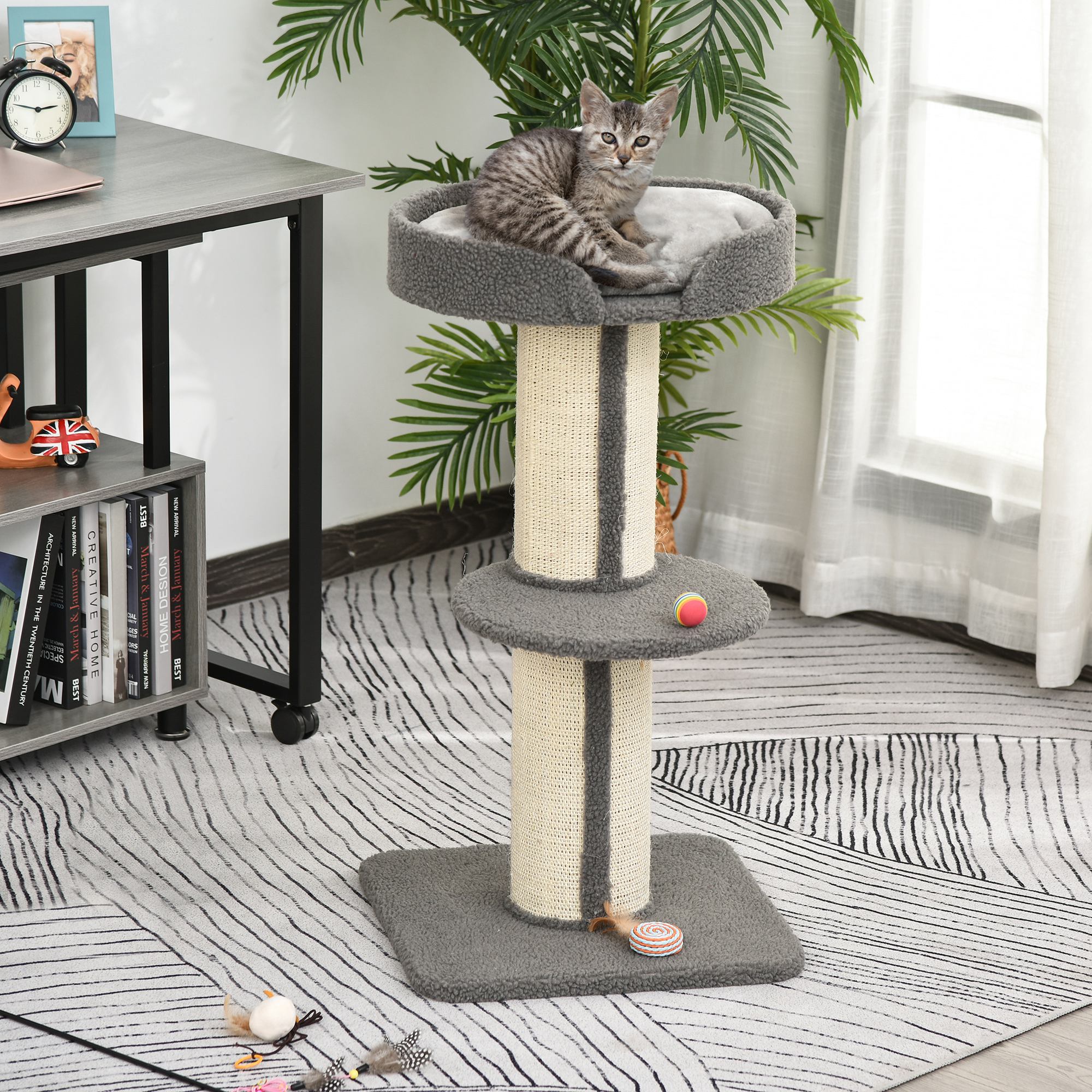 PawHut 91cm Cat Tower Scratching Posts Cat Tree for Indoor Cats Kitten Activity Centre Grey - North Peak Garden Furniture