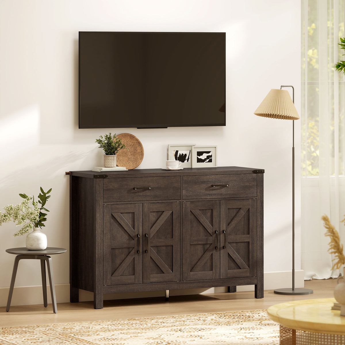 HOMCOM Kitchen Cupboard, Sideboard with 4 Doors, 2 Drawers and 2 Adjustable Shelves for Dining Room, Dark Brown