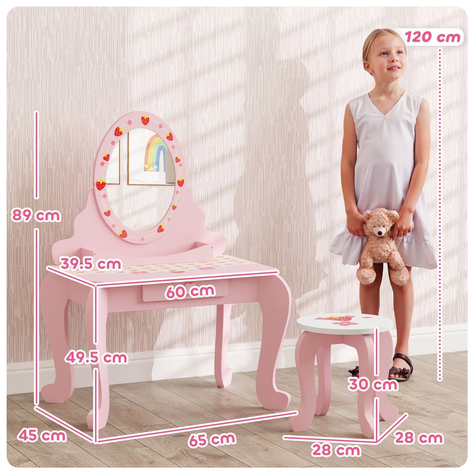 AIYAPLAY Kids Dressing Table Set, Vanity Table with Stool, Mirror, Drawer, Desktop Storage, Strawberry Theme, Pink - North Peak Garden Furniture