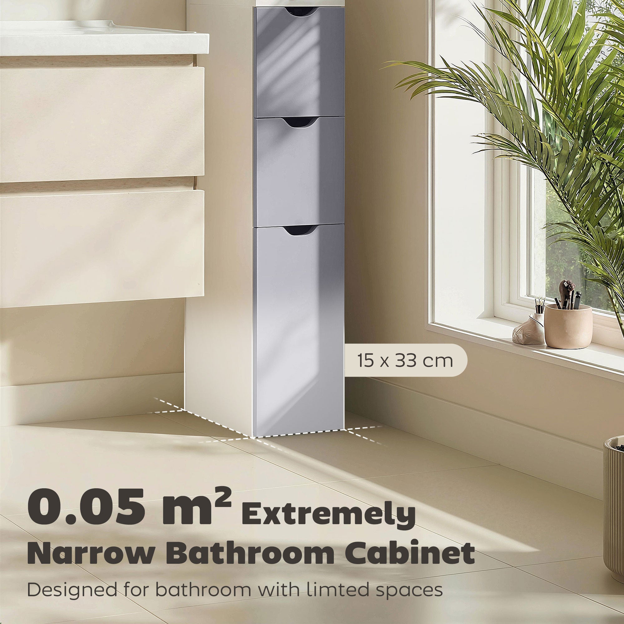 HOMCOM Tall Bathroom Cabinet, Freestanding Bathroom Storage Cabinet with 2-Tier Shelf and Drawers, Narrow Cupboard Storage Unit, White, Grey