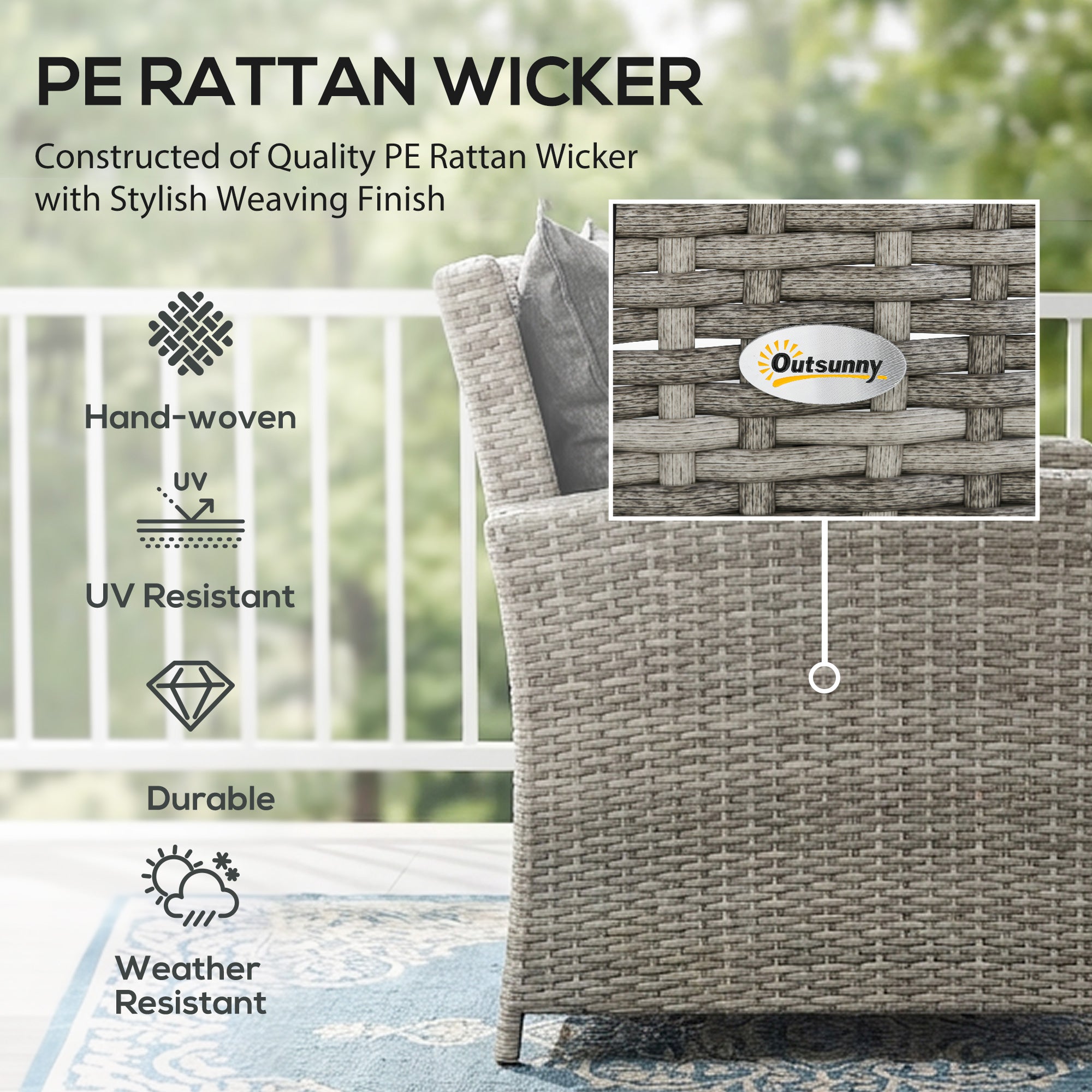 Outsunny 6 Pieces PE Rattan Garden Furniture Set with Three-seat, Armchairs and Footstools, Aluminium Patio Wicker Dining Sets w/ Glass Top Dining Table, Soft Cushion, Light Grey