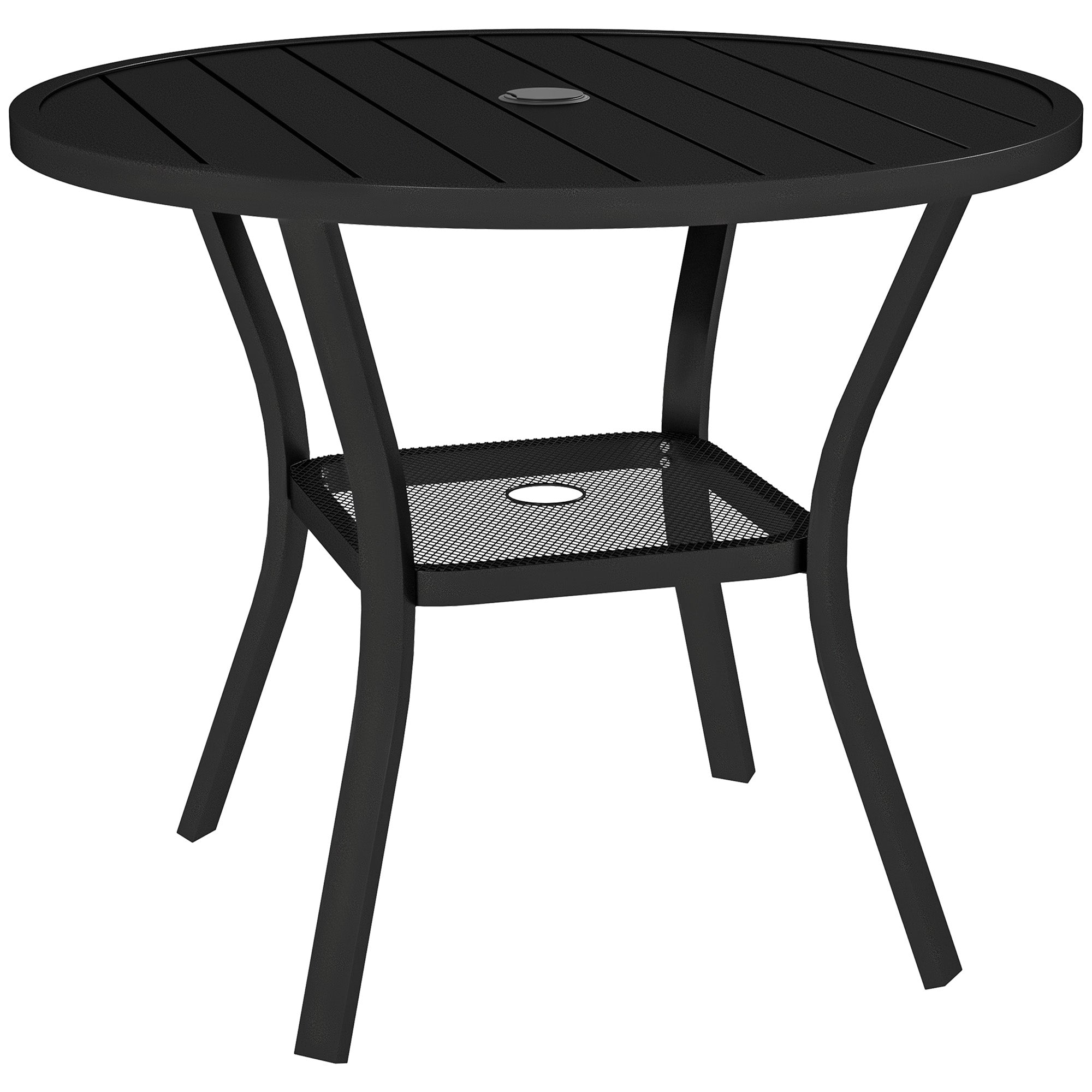 Outsunny 90 cm Garden Dining Table with 4-5 cm Parasol Hole, Round Outdoor Dining Table, Steel Garden Table with Slatted Metal Top and Wire Shelf for Balcony, Porch, Black - North Peak Garden Furniture