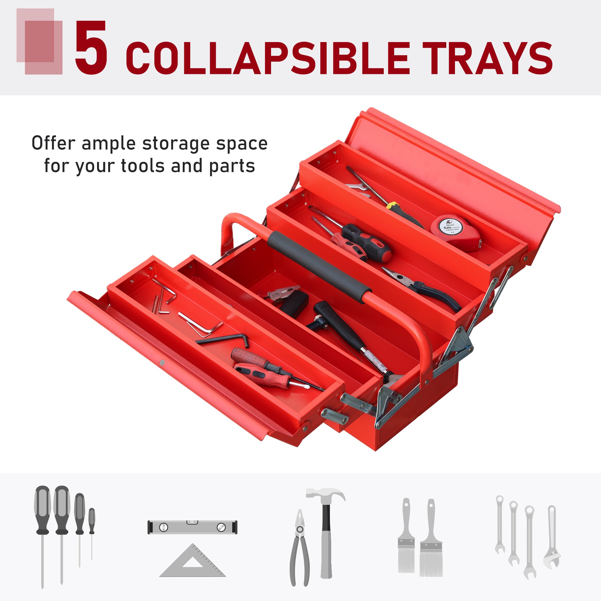 DURHAND Metal Tool Box 3 Tier 5 Tray Professional Portable Storage Cabinet Workshop Cantilever Toolbox with Carry Handle, 45cmx20cmx34.5cm, Red