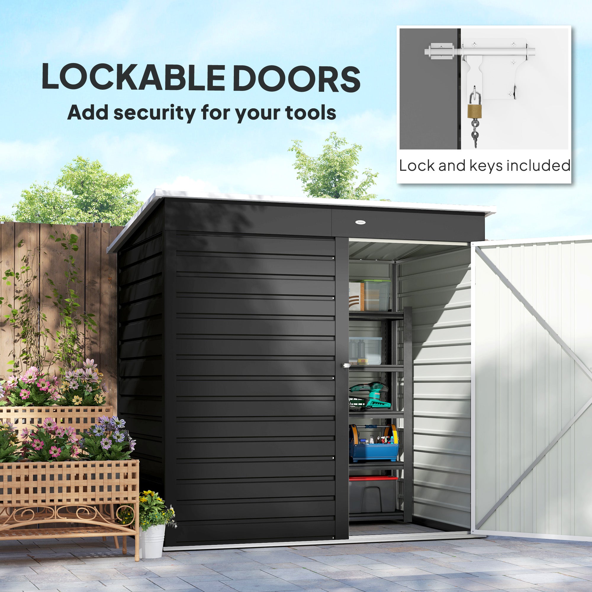 Outsunny 6 x 4ft Metal Garden Storage Shed, Outdoor Tool Storage Shed with Lockable Door and Gloves for Garden, Patio, Dark Grey - North Peak Garden Furniture