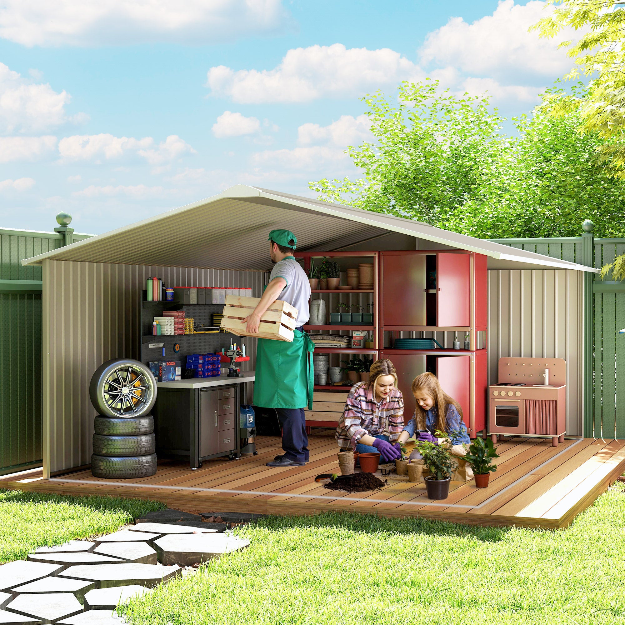 Outsunny 13 x 11ft Garden Metal Storage Shed Outdoor Storage Shed with Foundation Kit Ventilation & Doors, Light Grey