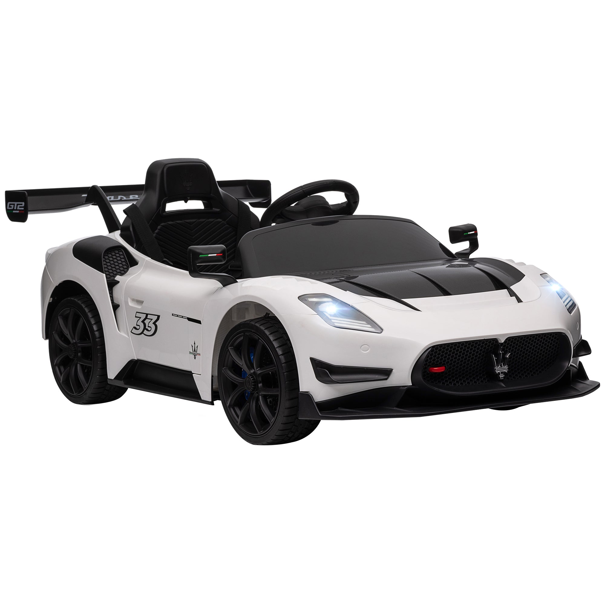 AIYAPLAY Maserati GT2 Licensed 12V Kids Electric Ride on Car with 4 Suspension, Remote Control Music Horn Lights - White