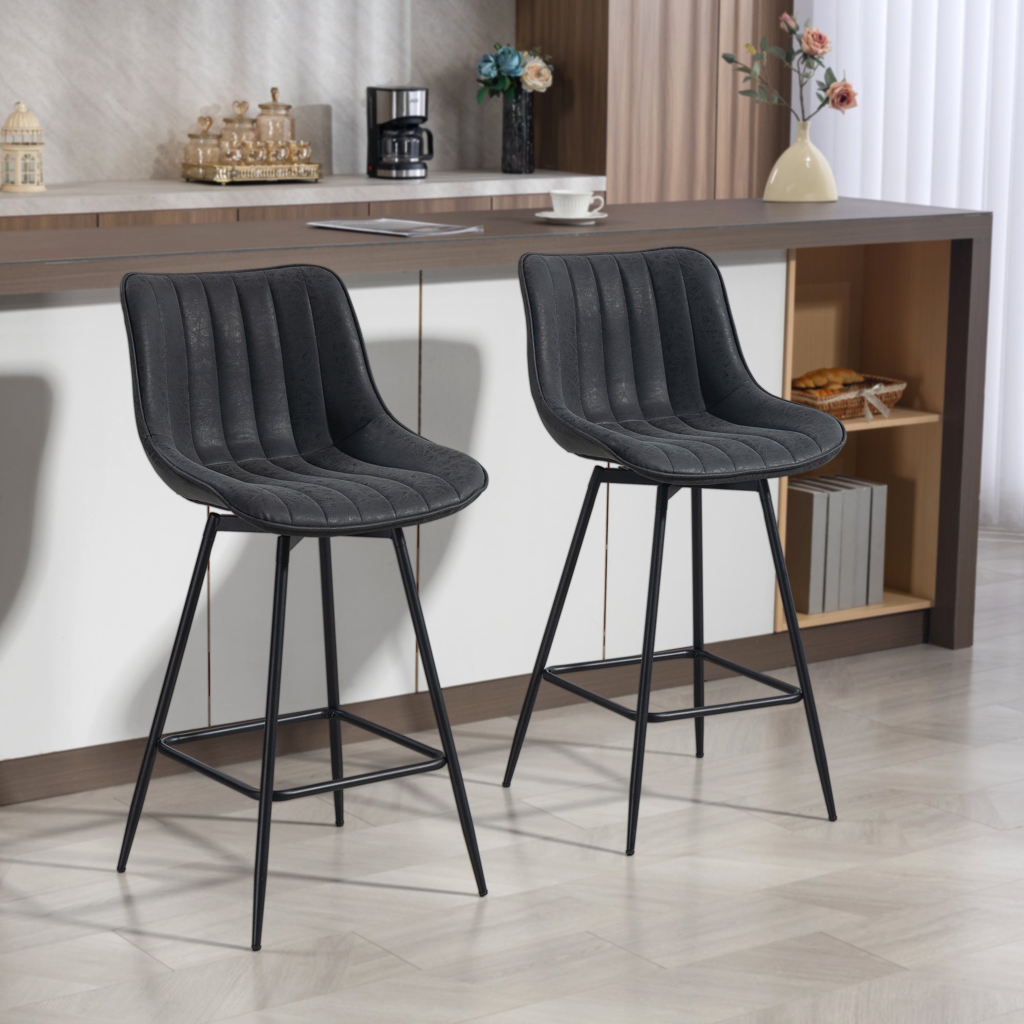 HOMCOM Set of 2 PU Leather Swivel Bar Stools - Black