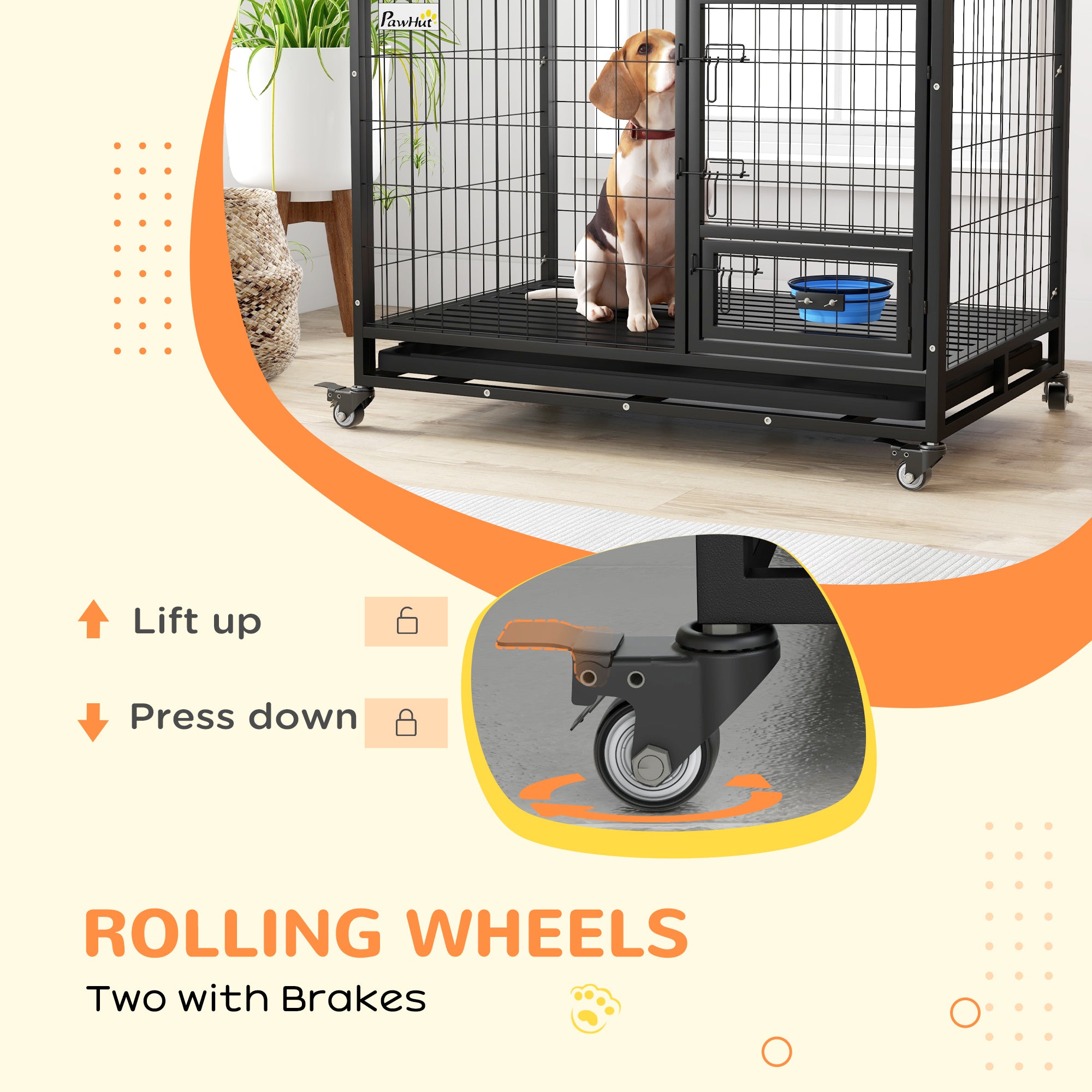 PawHut Heavy Duty Dog Crate on Wheels w/ Bowl Holder, Removable Tray, Openable Top, Detachable Door, for L, XL Dogs - North Peak Garden Furniture