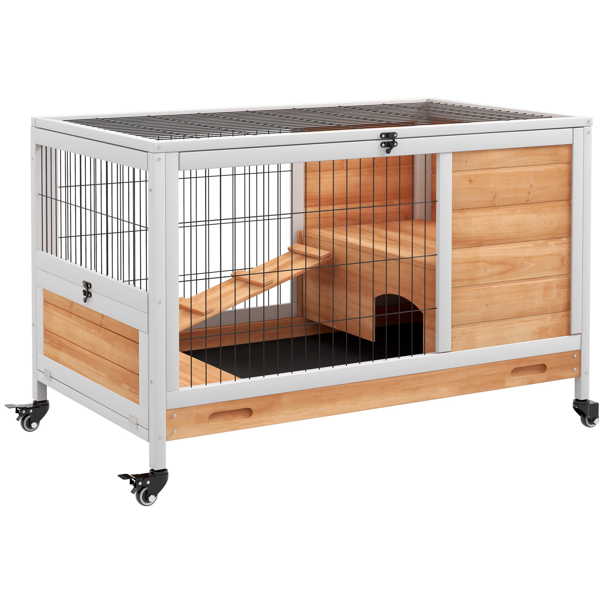 PawHut Wooden Guinea Pig Hutch, 2-Floor Bunny Cage w/ Enclosed Run Area, Yellow - North Peak Garden Furniture