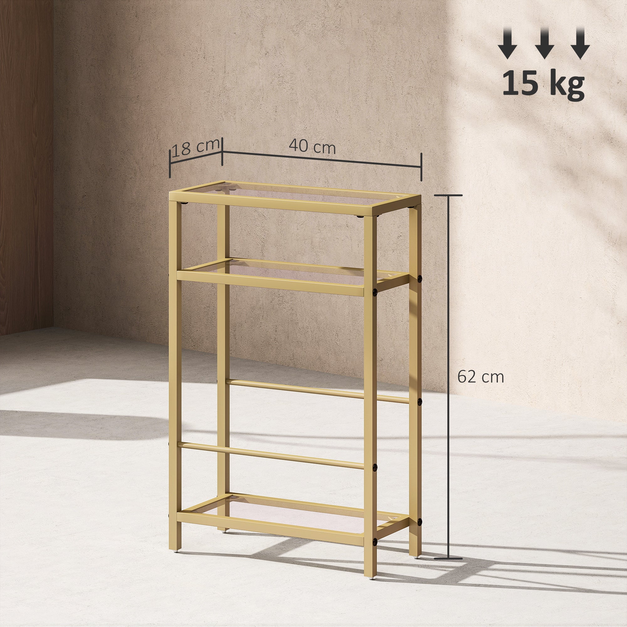 HOMCOM 3-Tier Side Table, Narrow End Table with Storage Shelf and Tempered Glass Tabletop for Small Spaces, Bedroom, Living Room, Entryway, Gold Tone - North Peak Garden Furniture
