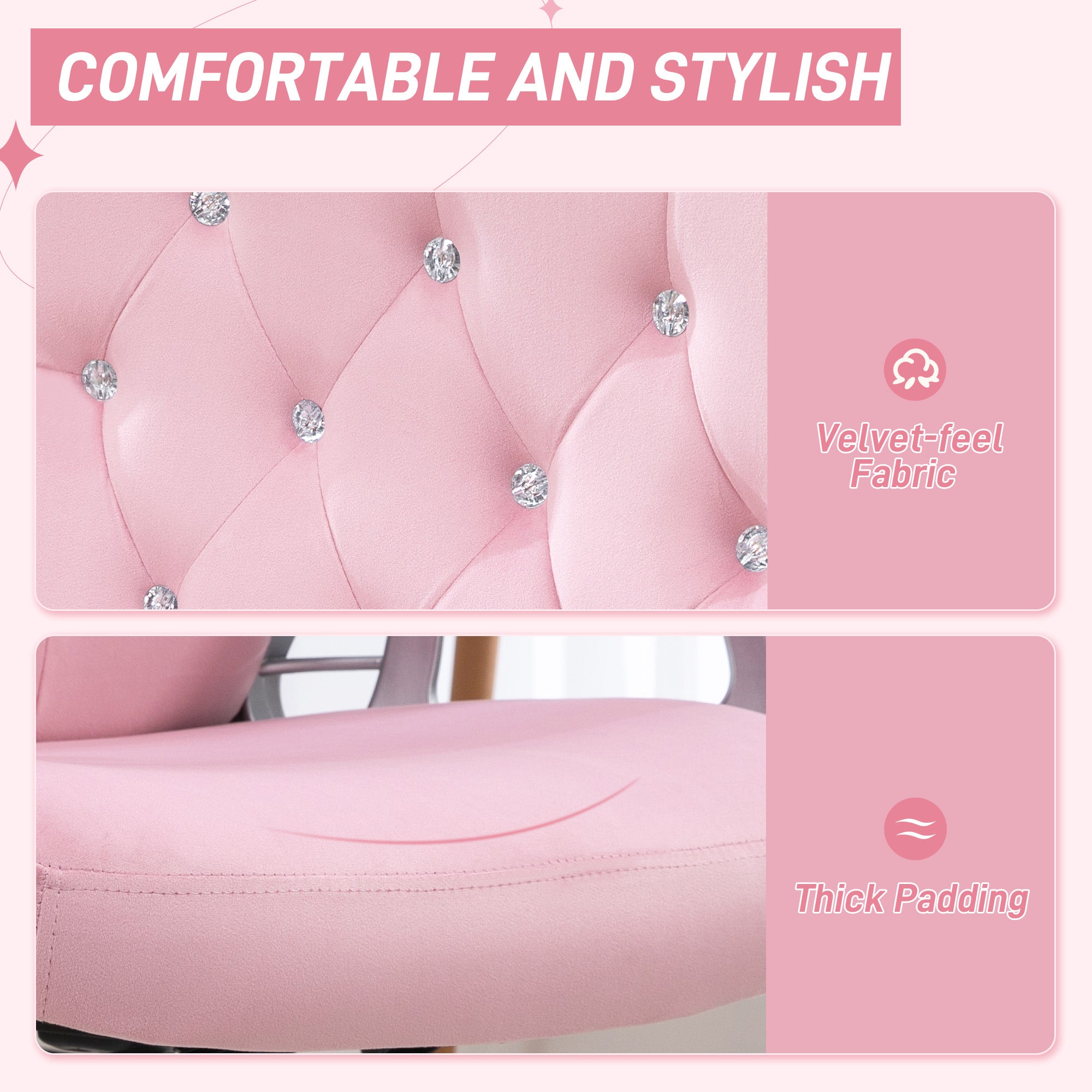 Vinsetto Velvet-Feel Work Chair, with Diamante Back - Pink - North Peak Garden Furniture