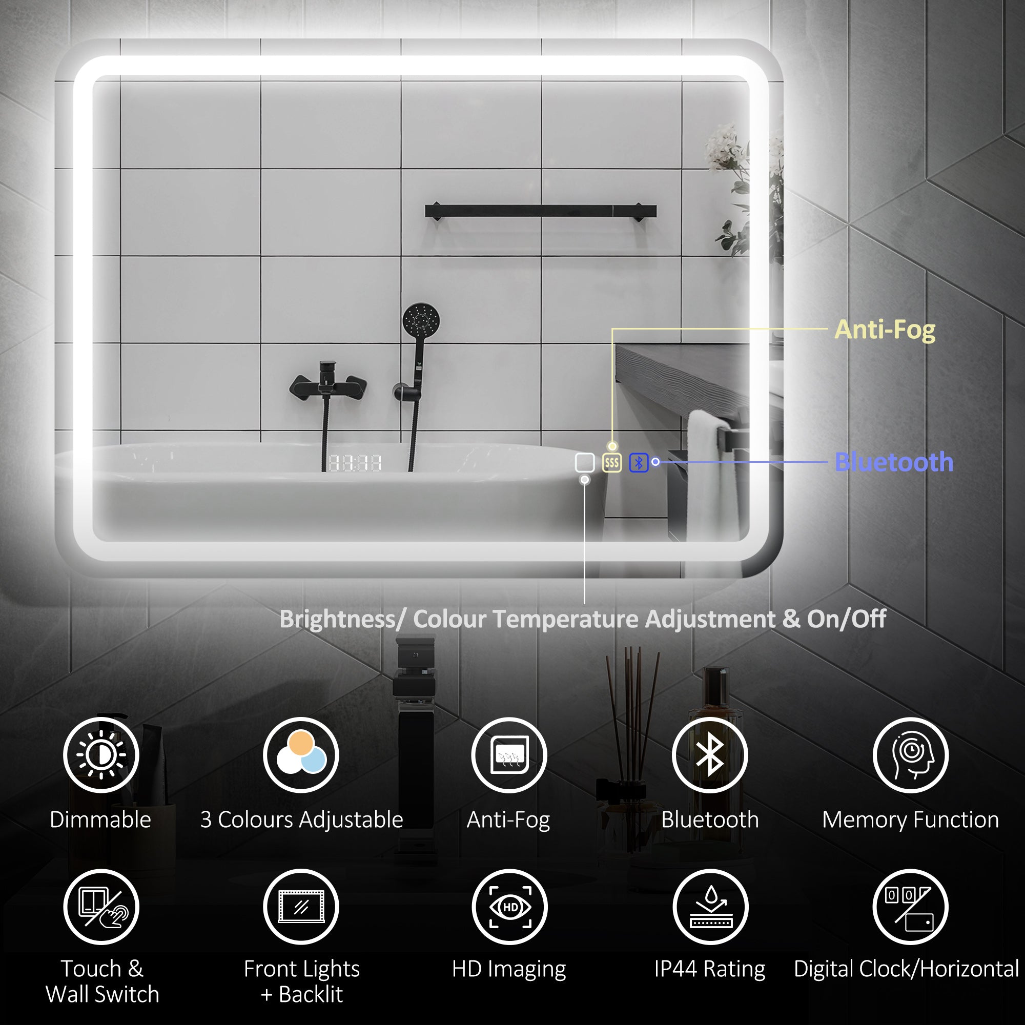 HOMCOM 60 x 80 cm Bluetooth LED Bathroom Mirror with Clock Anti-Fog - Silver Tone - North Peak Garden Furniture