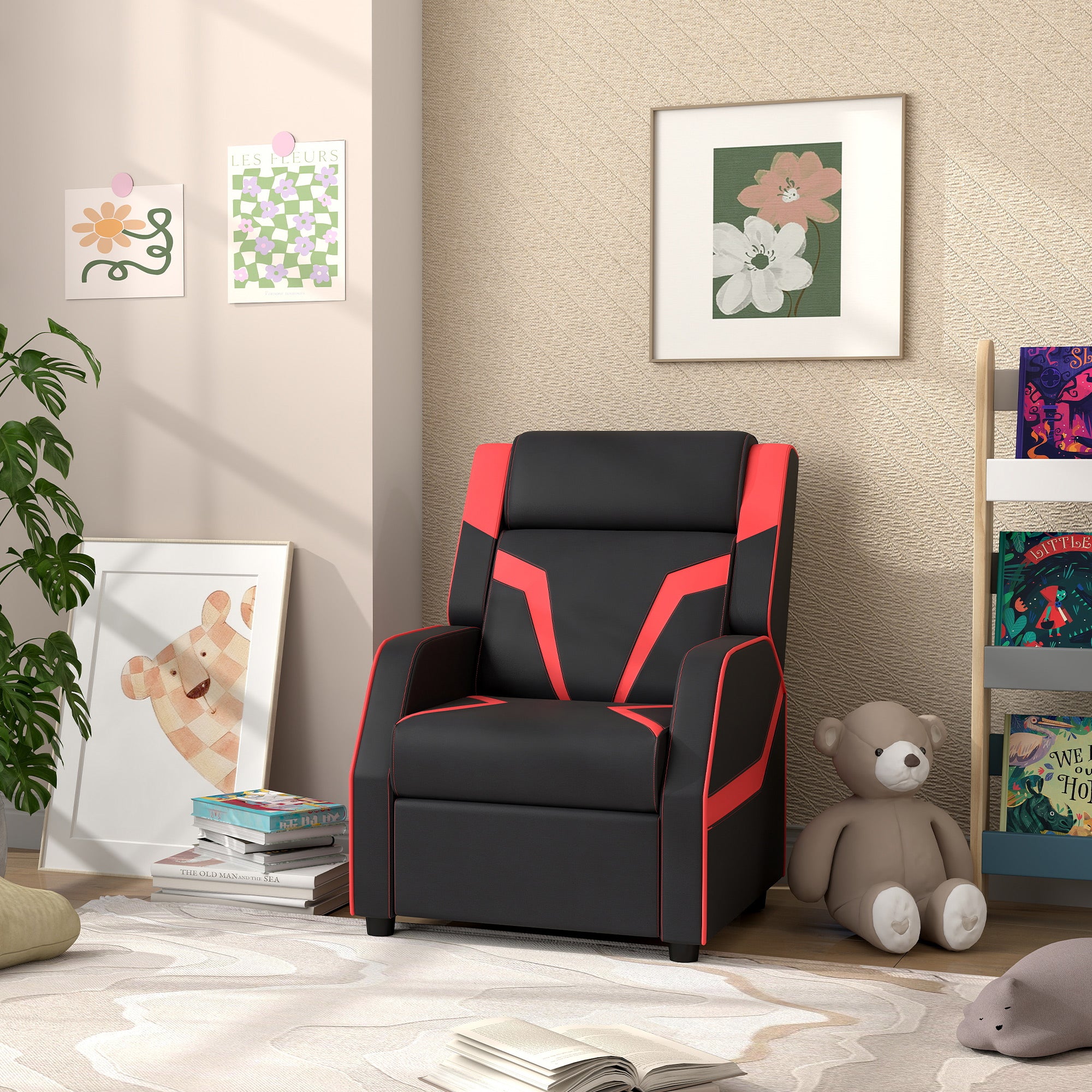 AIYAPLAY 2 in 1 Kids Chair Recliner with Backrest, Armrest, Footrest, PU Leather, for 3-9 Years Old, Black - North Peak Garden Furniture