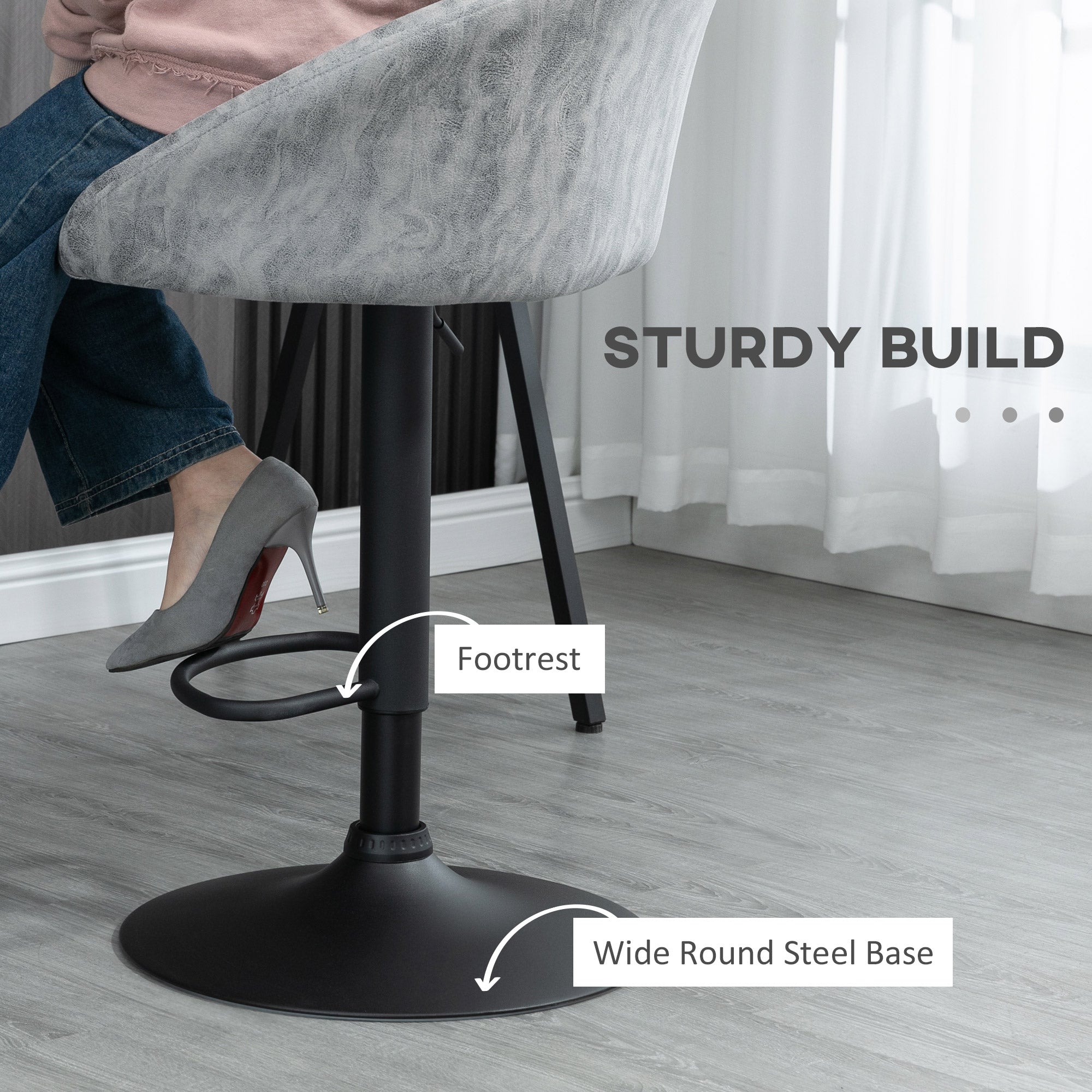 HOMCOM Modern Bar Stools Set of 2, Height Adjustable Swivel Barstools, PU Leather Upholstered Bar Chair with Backrest, Armrests and Footrest for Breakfast Bar, Counter, Kitchen, Light Grey - North Peak Garden Furniture