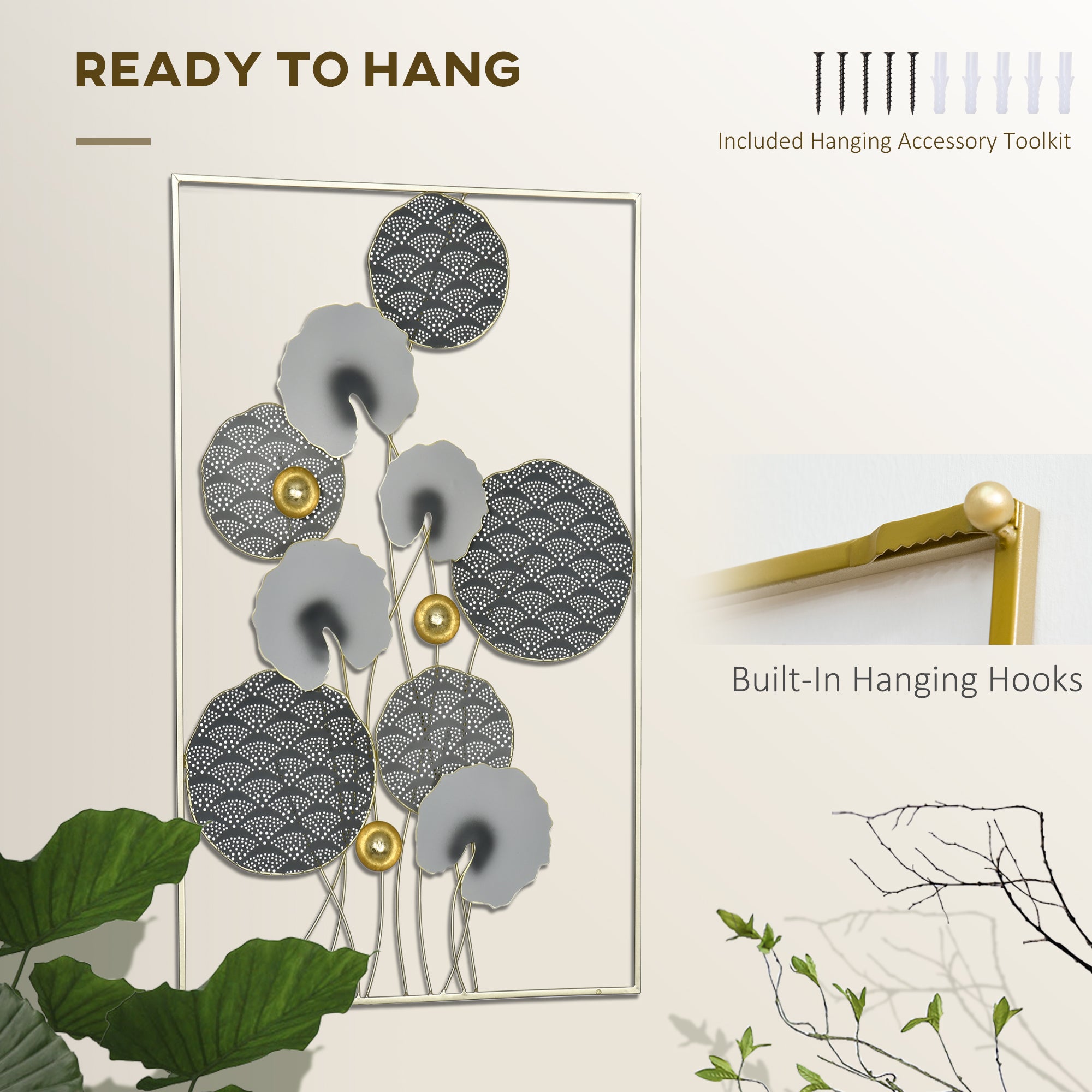 HOMCOM 3D Metal Wall Art Modern Lotus Leaves Hanging Wall Sculpture Home Decor for Living Room Bedroom Dining Room, Grey Gold |