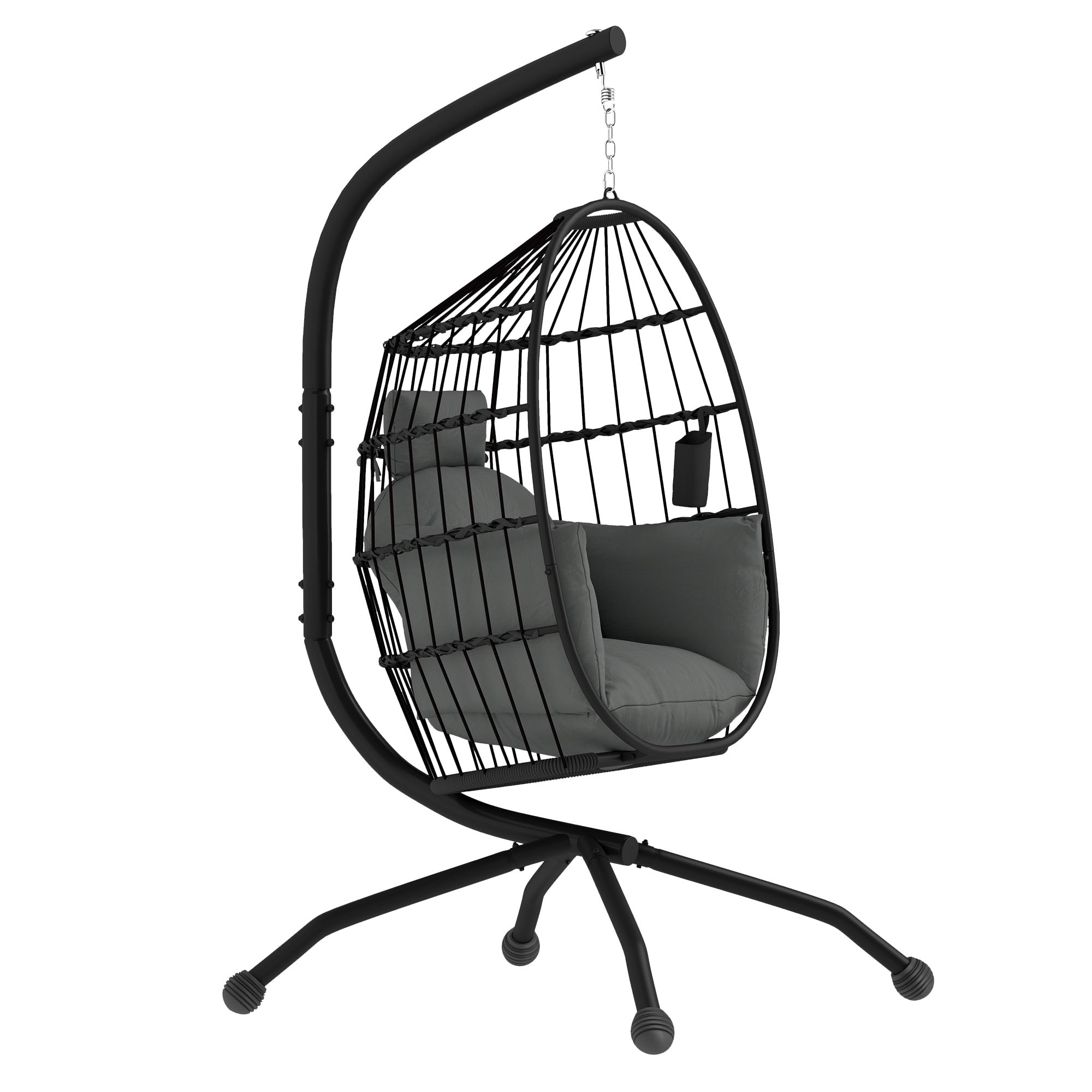 Outsunny Hanging Egg Chair Outdoor Indoor Garden Swing Chair with Folding Basket and Thickened Cushion, Garden Hanging Chair with Stand, Headrest, Cup Holder for Patio, Balcony, Dark Grey