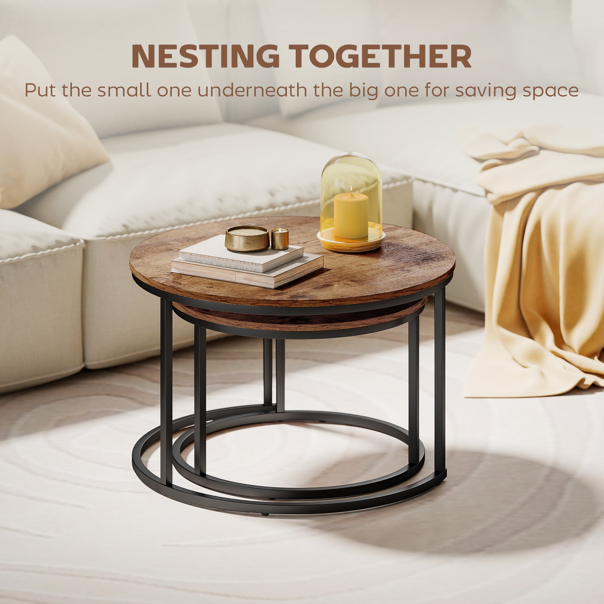 HOMCOM Coffee Table Set of 2, Round Nest of Tables with Metal Frame, Modern Side Tables for Living Room, Rustic Brown