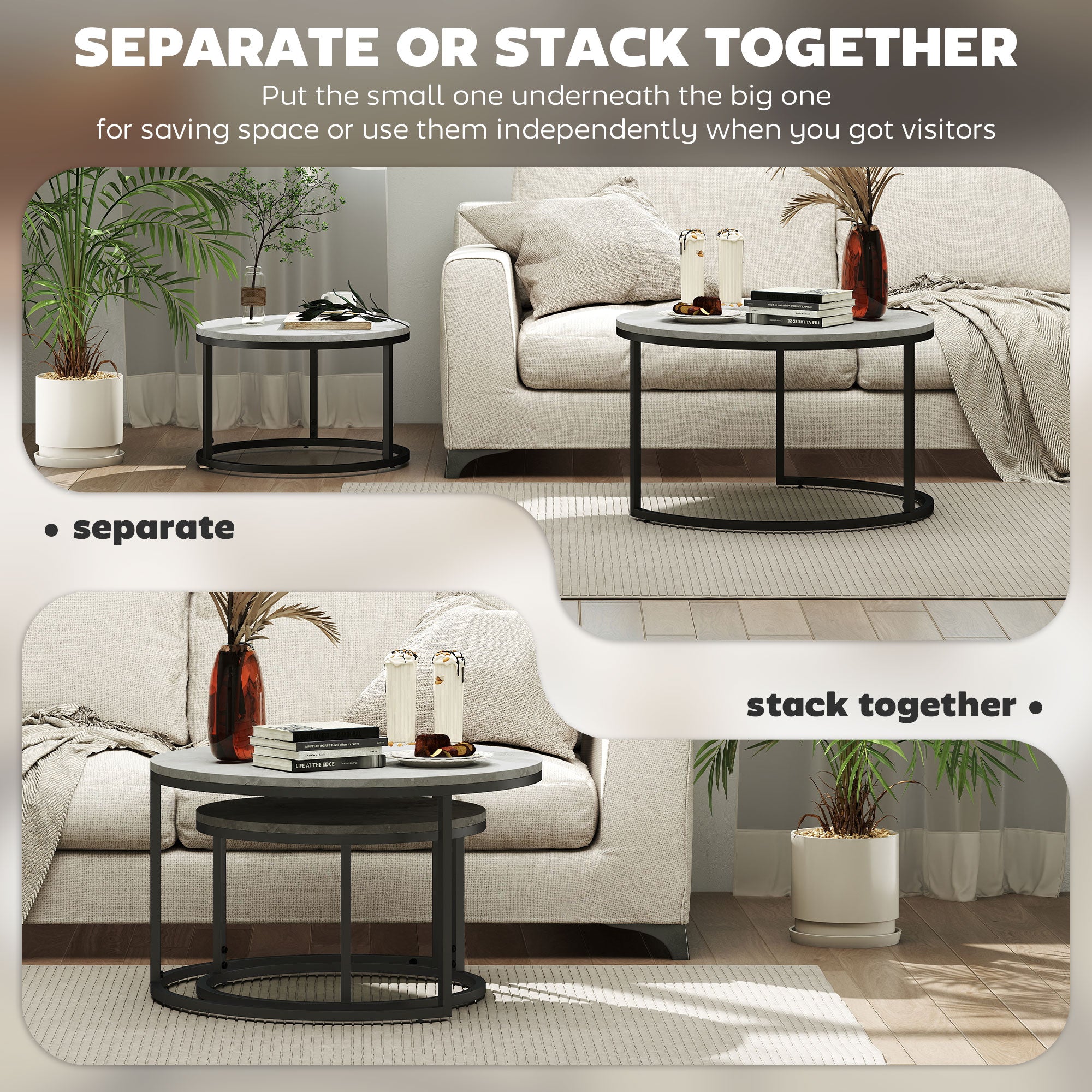 HOMCOM Set of Two Marble-Effect Stacking Tables - Wood Grey - North Peak Garden Furniture