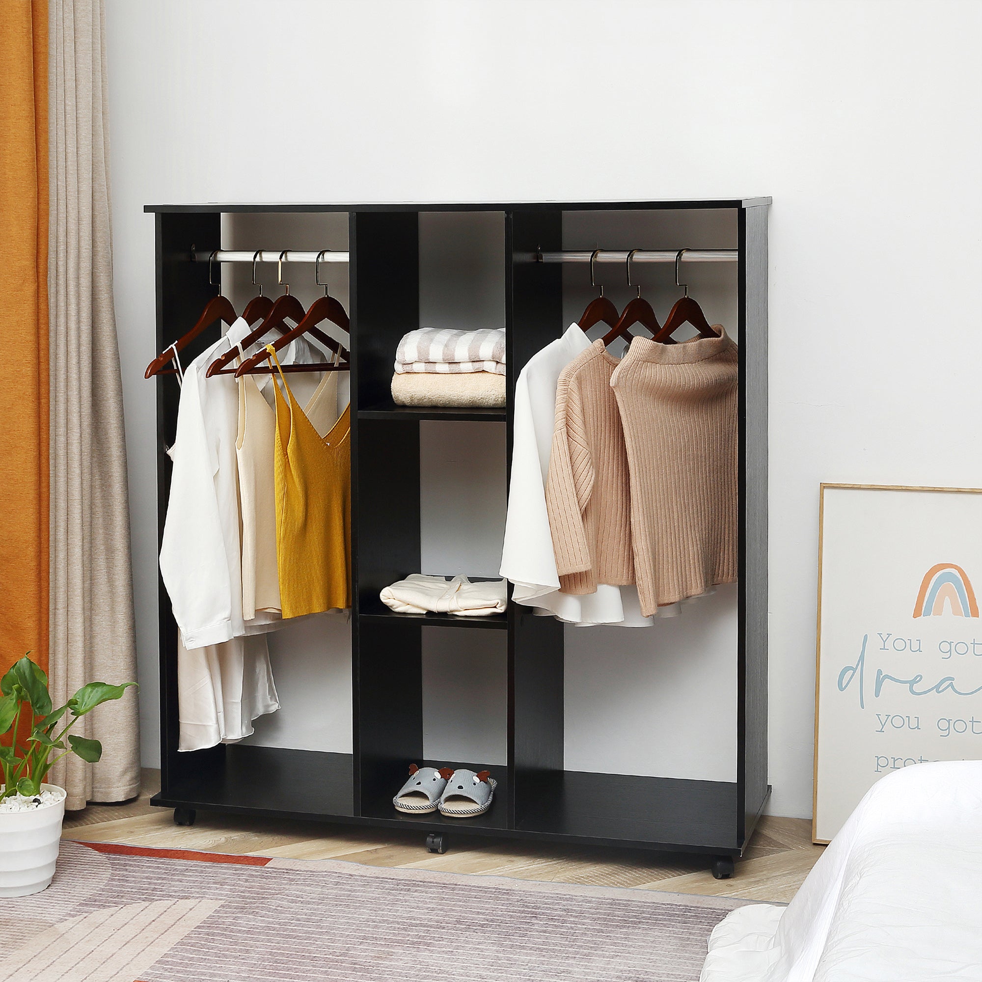 HOMCOM Double Open Wardrobe on Wheels, Bedroom Wardrobe with Clothes Hanging Rails, 3 Storage Shelves, Mobile Garment Rack for Cloakroom, Hallway, Black - North Peak Garden Furniture