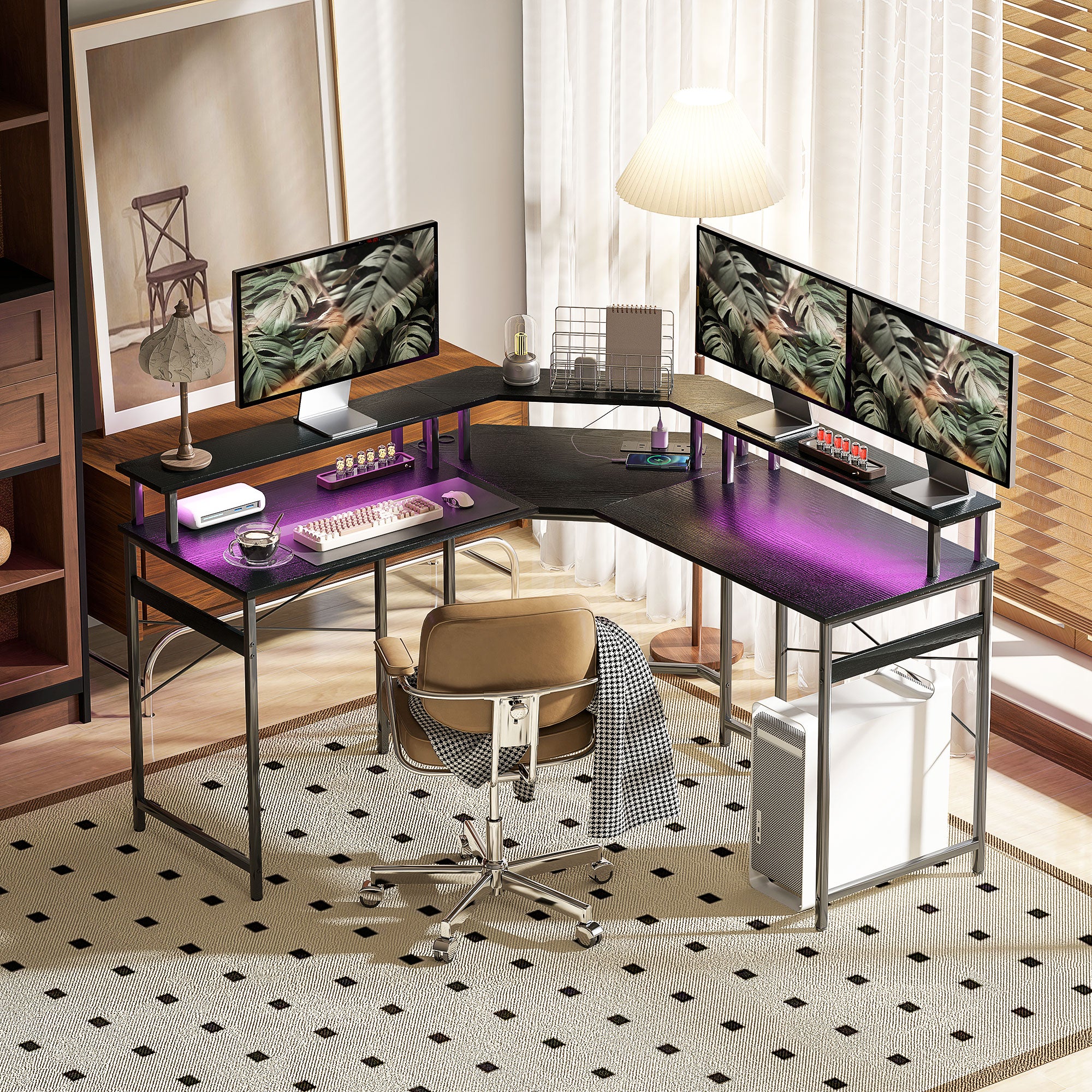 HOMCOM 'L' Shaped Work Desk, with LED Lights - Black - North Peak Garden Furniture