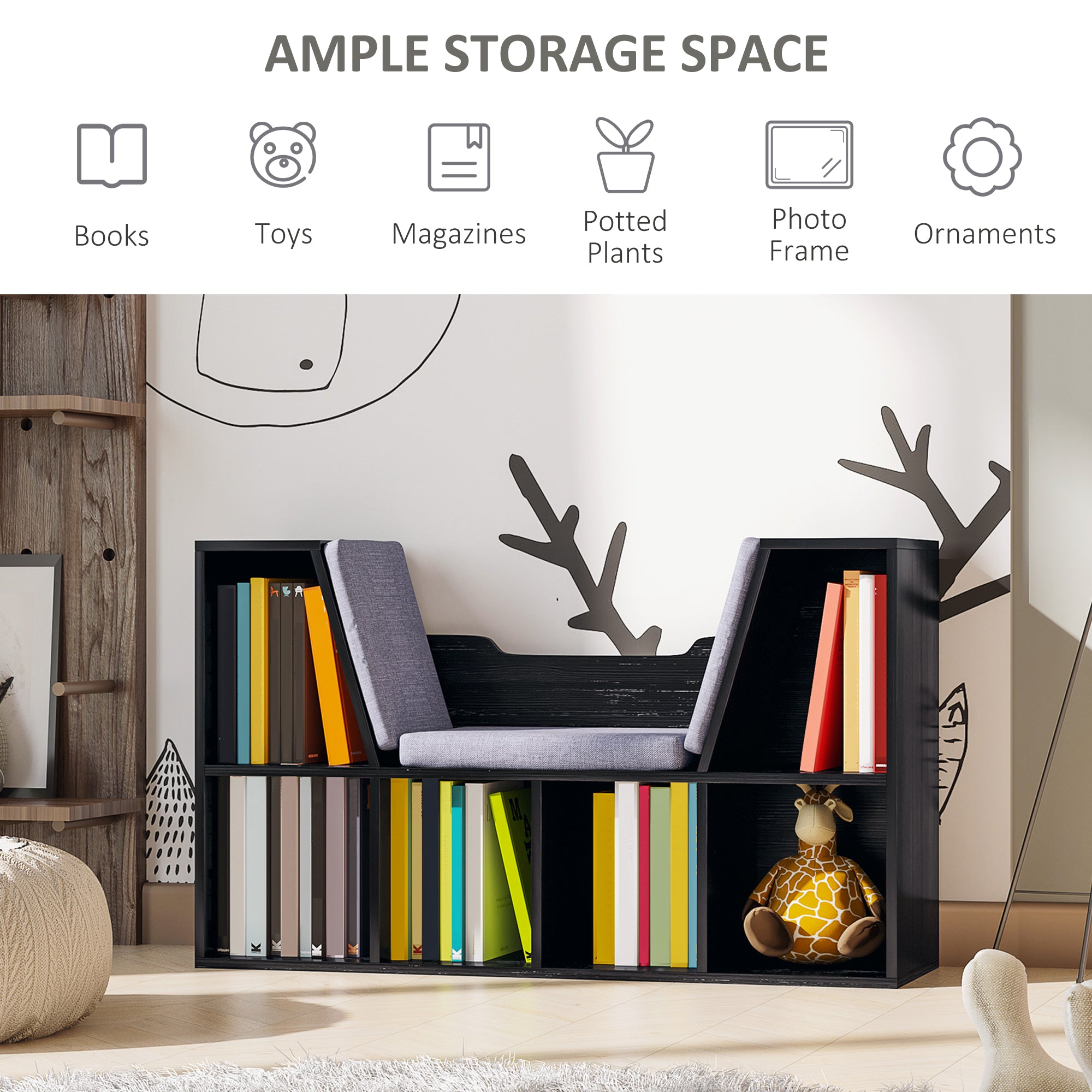 HOMCOM Bookcase Storage Shelf with Cushioned Reading Seat, Cube Bookshelf Organizer for Bedroom Living Room, Black