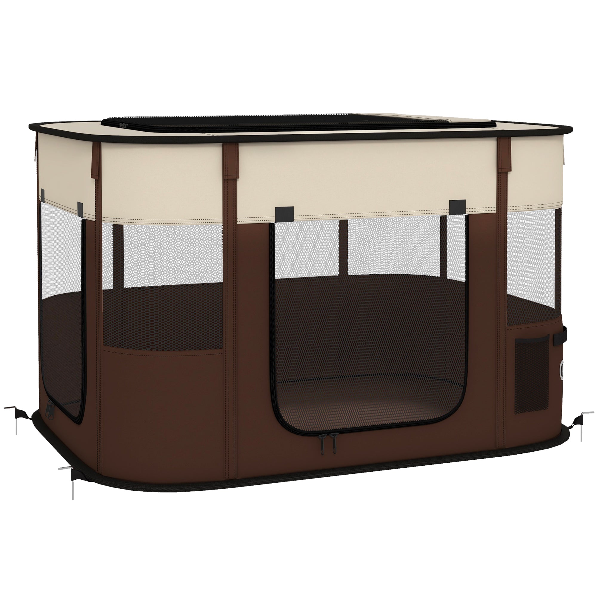 PawHut Foldable Dog Pen with Storage Bag for Indoor/Outdoor Use, Portable Pet playpen, with Ground Stakes - Brown - North Peak Garden Furniture