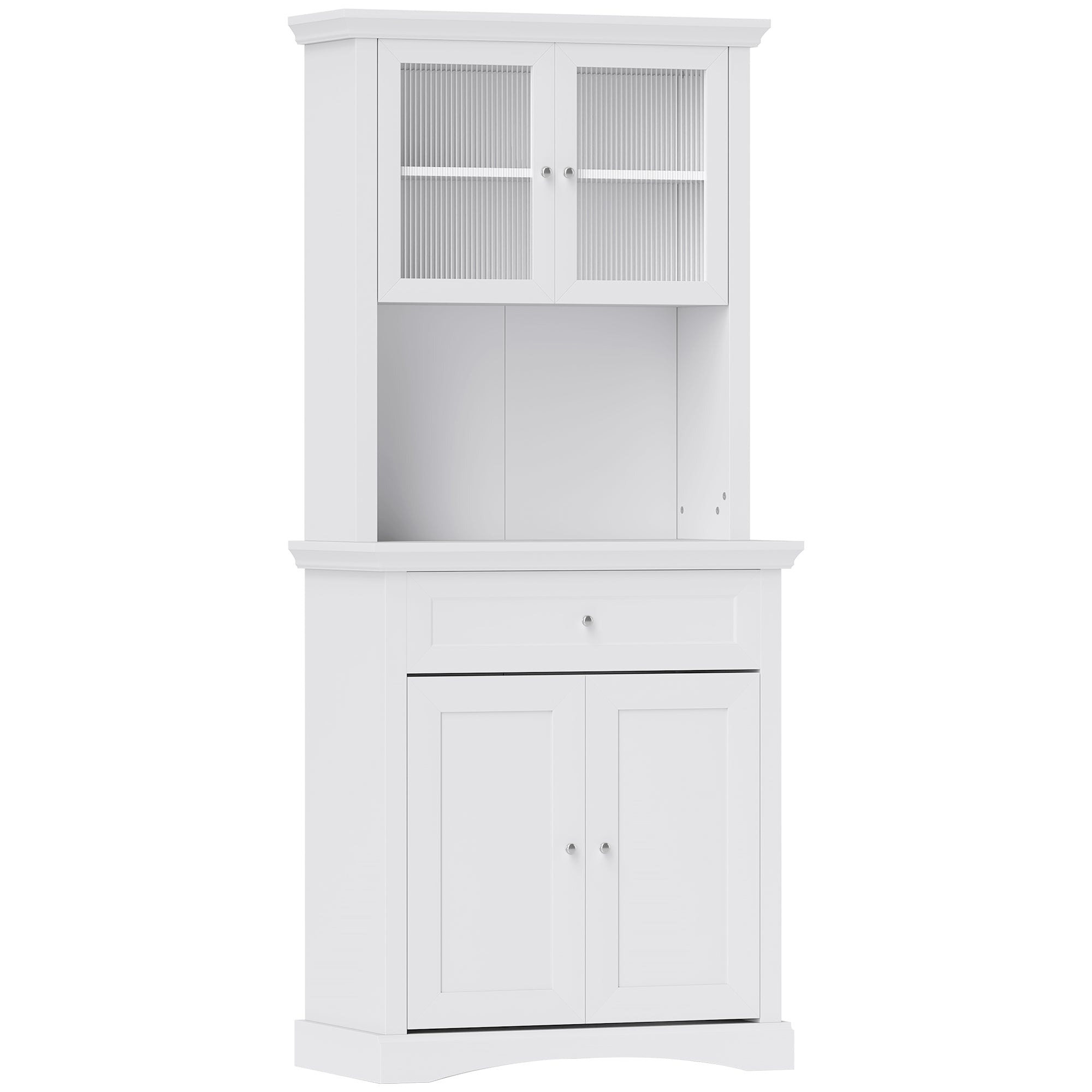 HOMCOM 4-Door Kitchen Cupboard with Drawer, Freestanding Kitchen Cabinet with Glass Doors, Adjustable Shelves and Open Counter, White - North Peak Garden Furniture
