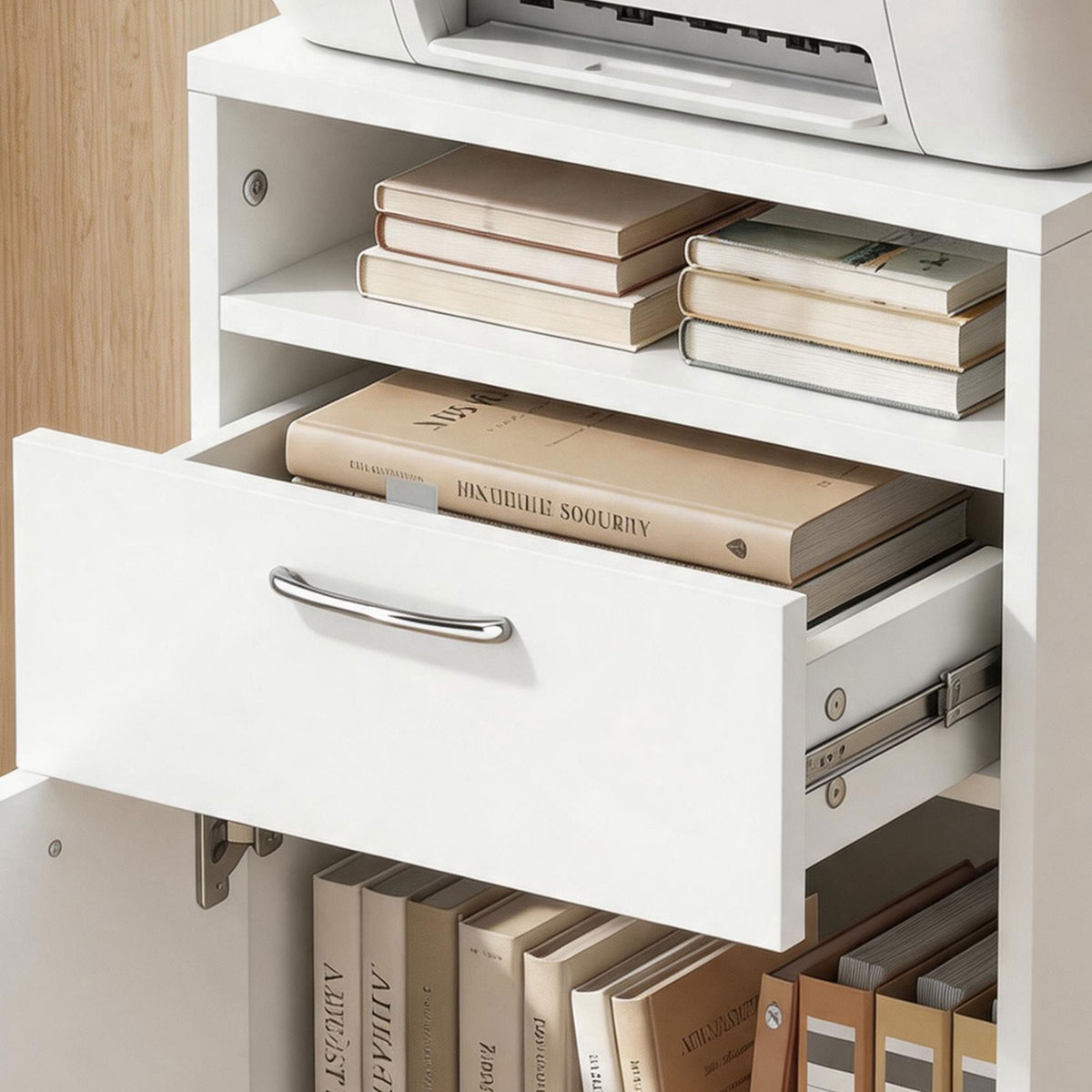 HOMCOM 60cm Storage Cabinet with Drawer, Open Shelf, Metal Handles and 4 Wheels, Office Home Organiser Mobile Printer, White