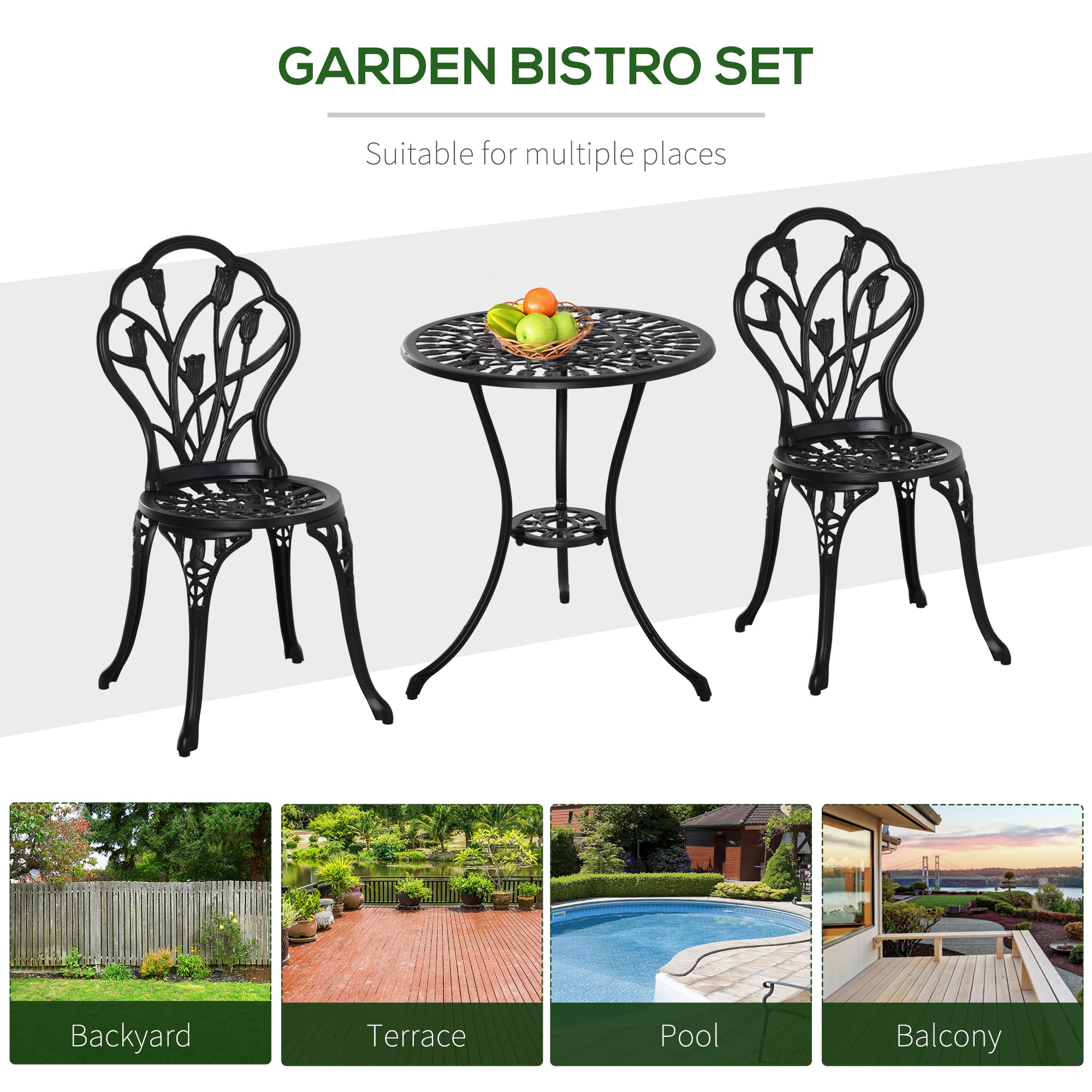 Outsunny Three-Piece Aluminium Floral Bistro Garden Set - Black - North Peak Garden Furniture