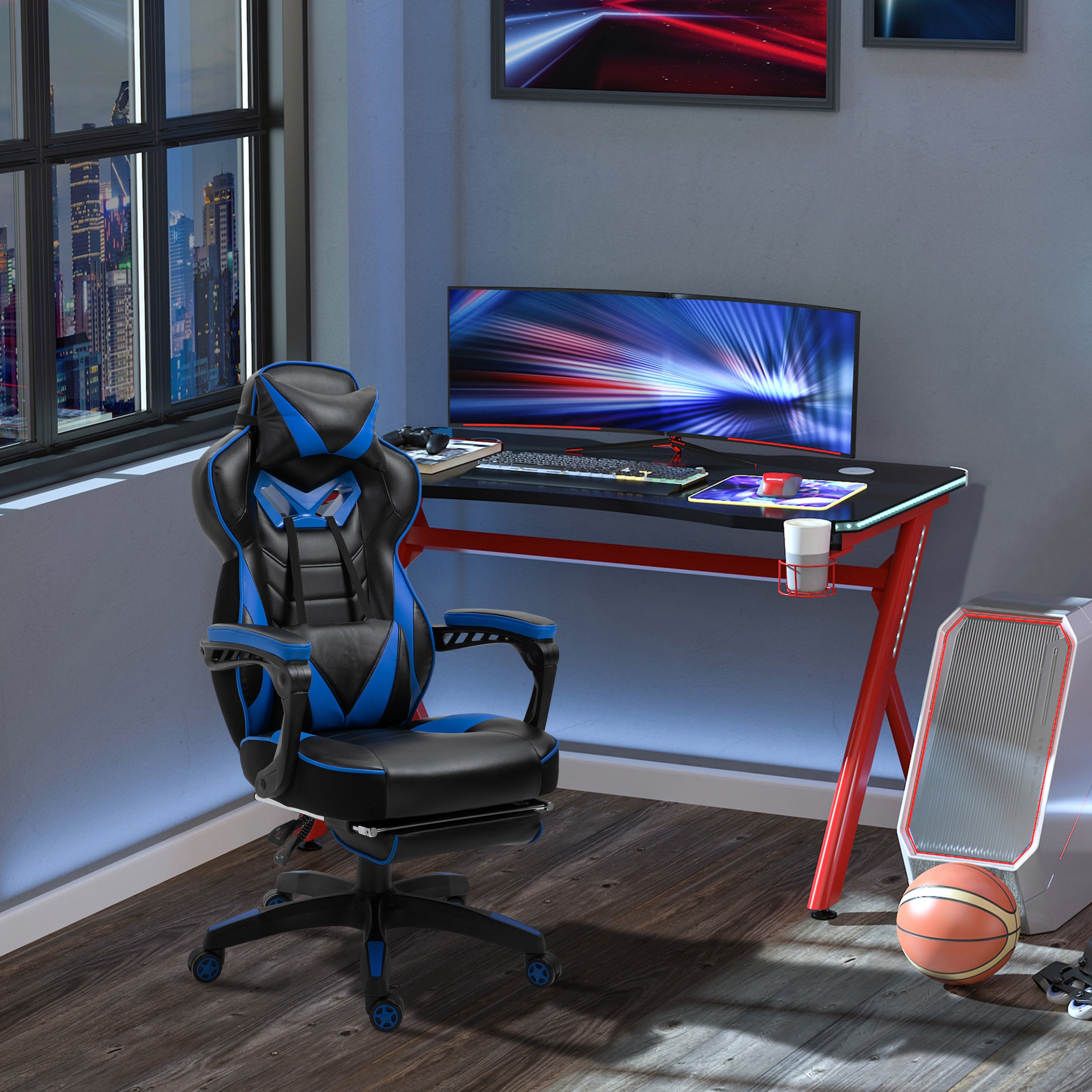 Vinsetto Faux Leather Reclining Gaming Chair, with Footrest - Blue/Black - North Peak Garden Furniture