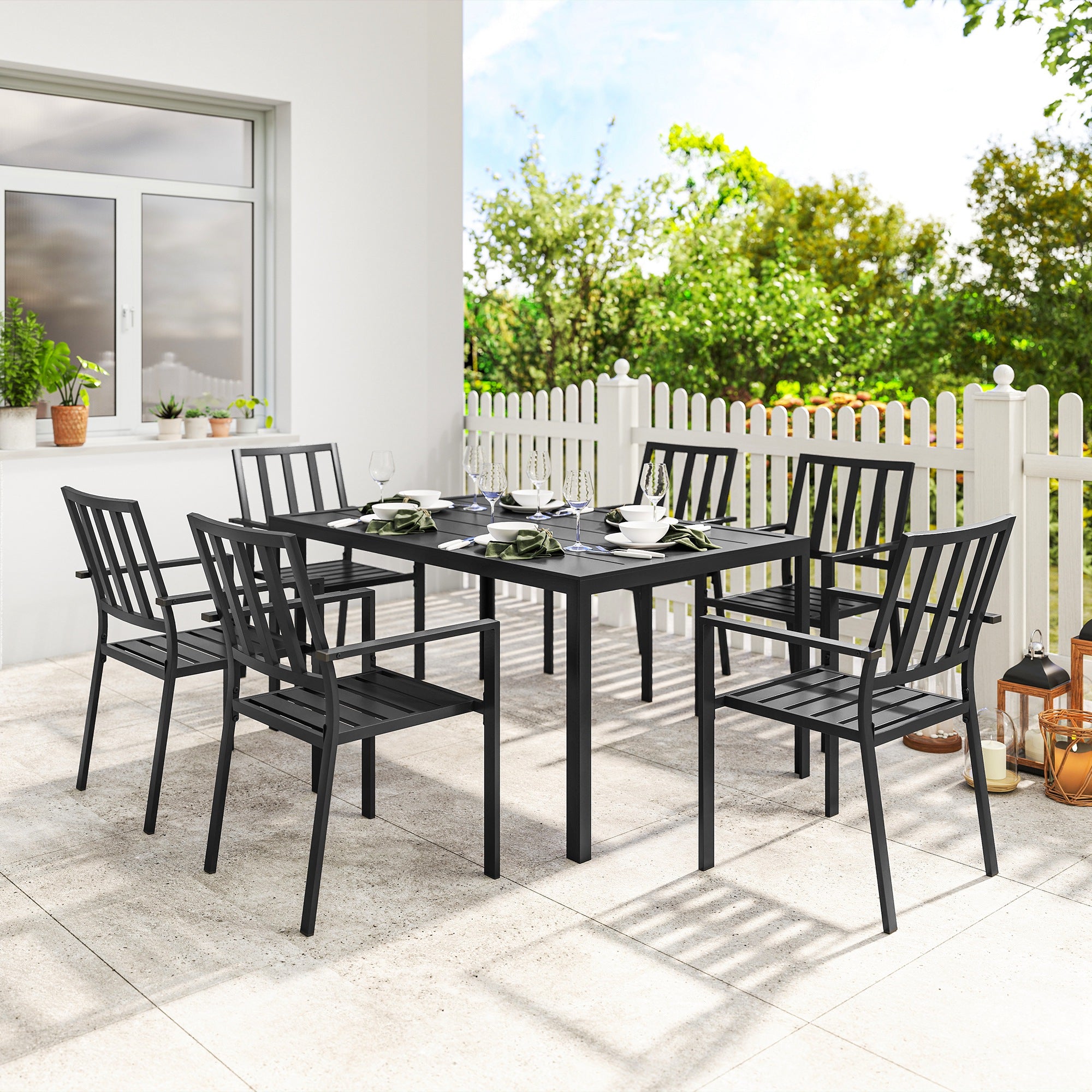 Outsunny Seven-Piece Minimal Metal Garden Dining Set, with Parasol Hole - Black - North Peak Garden Furniture