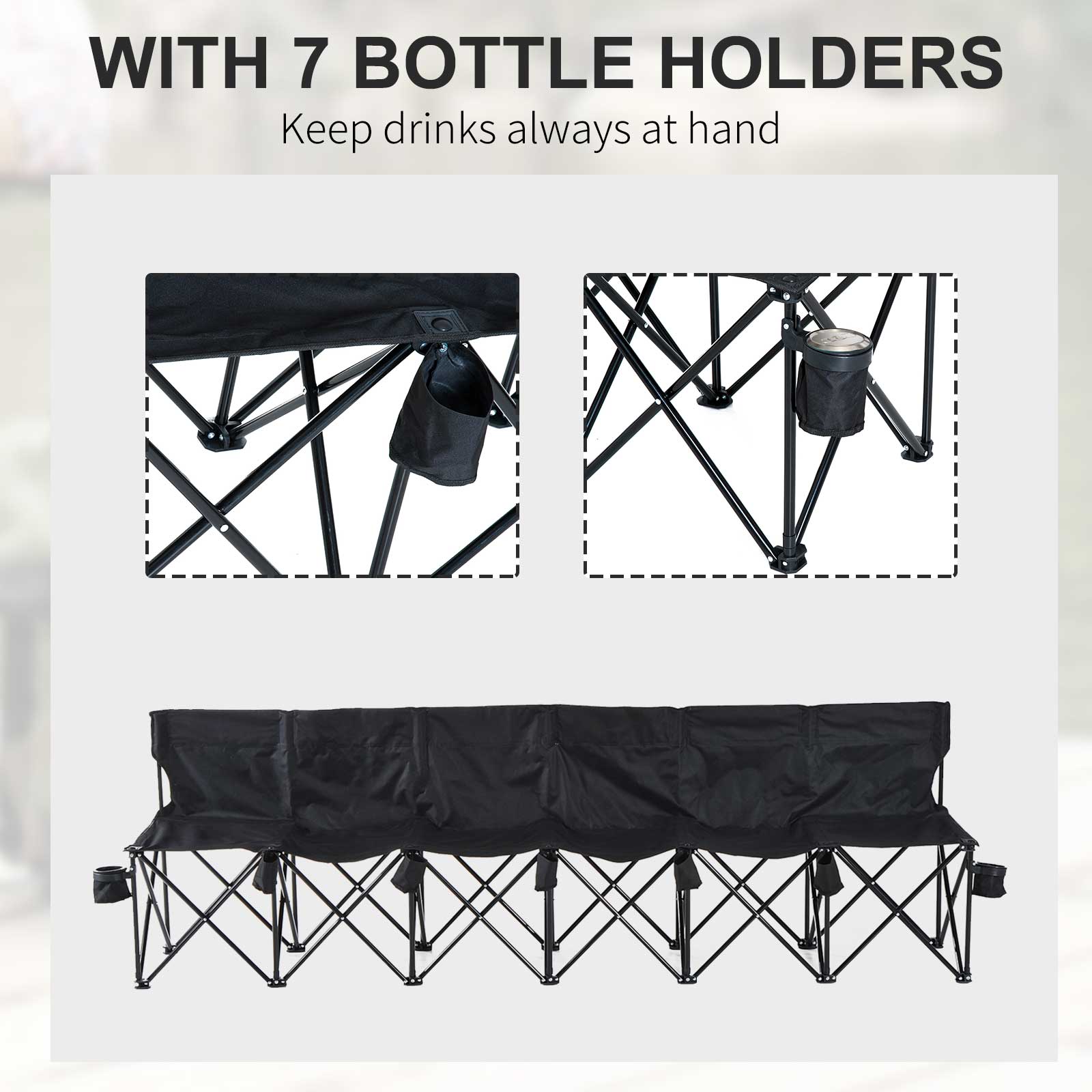 Outsunny 6 Seater Folding Bench, Outdoor Camping Chair Portable Sports Spectator Chair with Steel Frame, Cup Holder & Carry Bag, Black - North Peak Garden Furniture