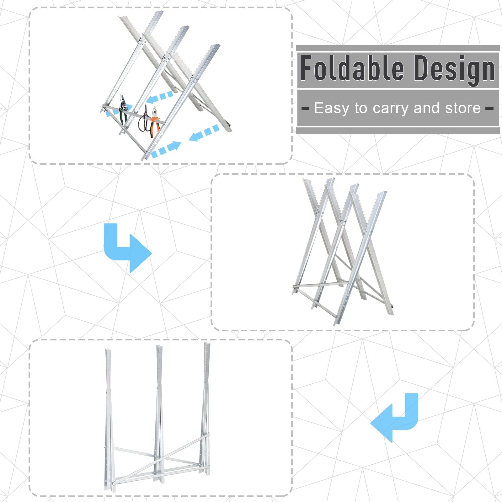 DURHAND Portable Sawhorse Heavy Duty Steel Adjustable Work Support, Foldable Sawhorse Stand 100 kg Weight Capacity, Silver Tone - North Peak Garden Furniture
