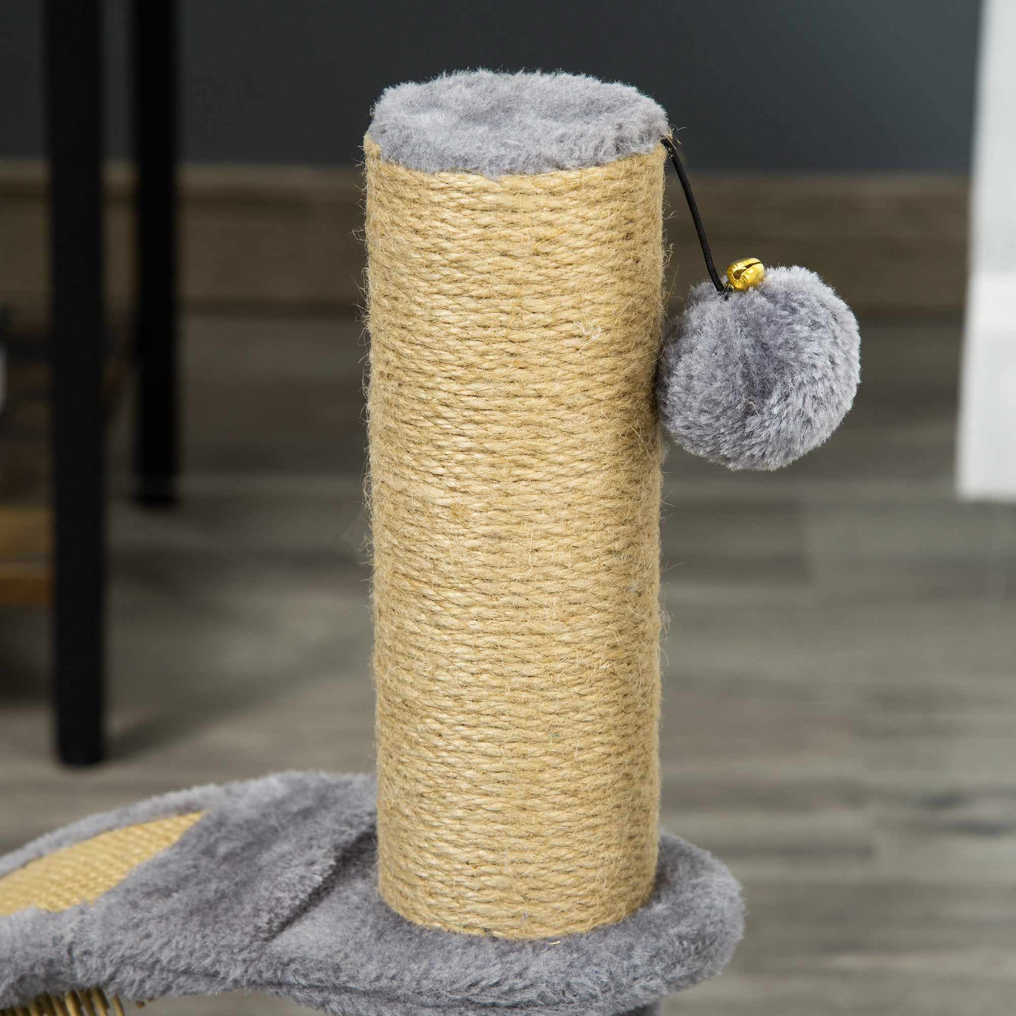 PawHut Cat Tree for Indoor Cats Climbing Activity Center Kitten Tower Furniture with Jute Post Scratching Massage Board Hanging Ball with Bell 34 x 24 x 43cm Grey - North Peak Garden Furniture