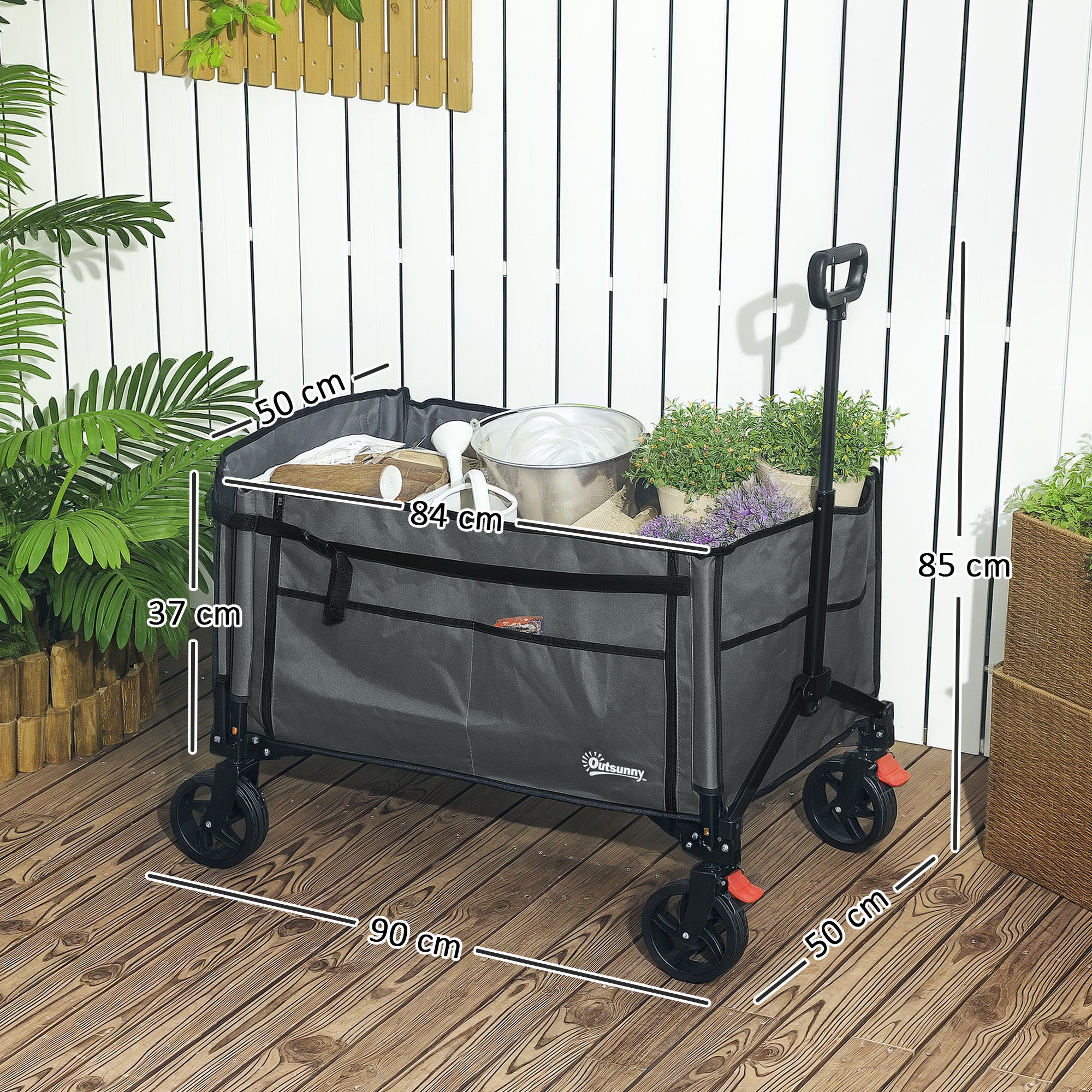 Outsunny Folding Trolley on Wheels, 150L Collapsible Wagon Festival Trolley Cart with Openable Sides, Adjustable Handle and Brakes for Shopping Camping Beach and Garden, Grey - North Peak Garden Furniture