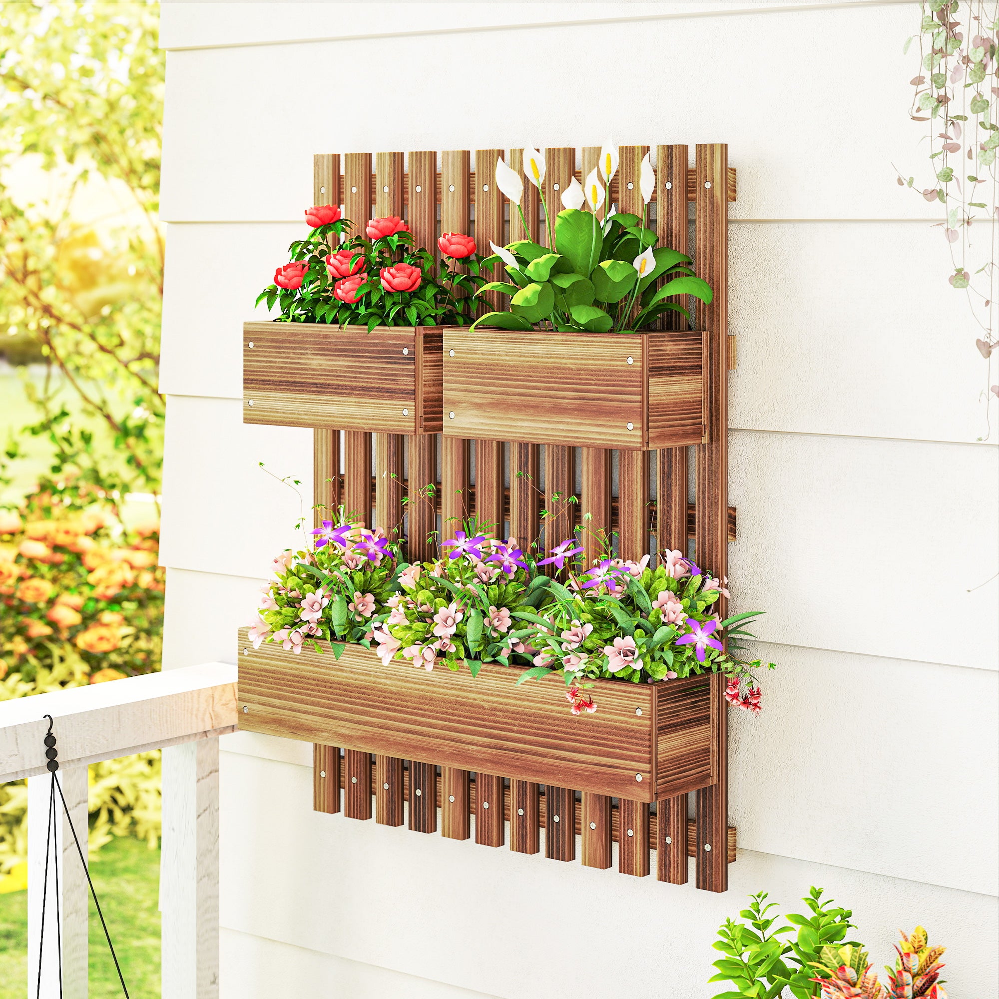 Outsunny Set of 2 Wall-mounted Wooden Garden Planters with Trellis, Drainage Holes and Movable Planter Boxes, Wall Raised Garden Bed for Patio, Carbonised