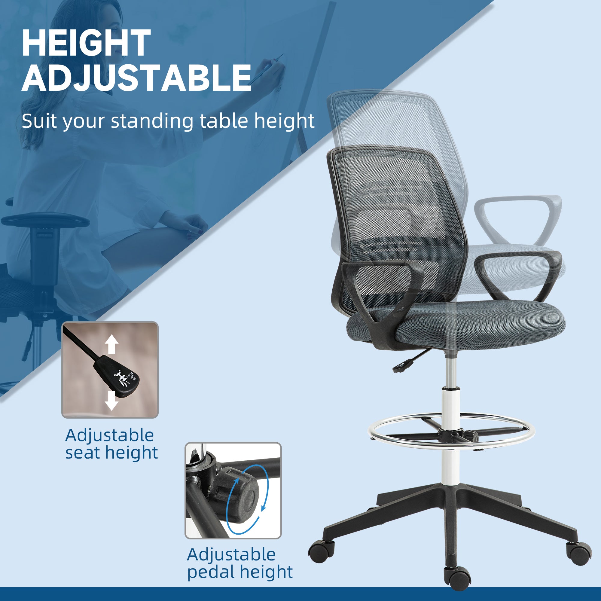 Vinsetto Ergonomic Mesh Back Drafting Chair Draughtsman Chair with Adjustable Height, Grey - North Peak Garden Furniture