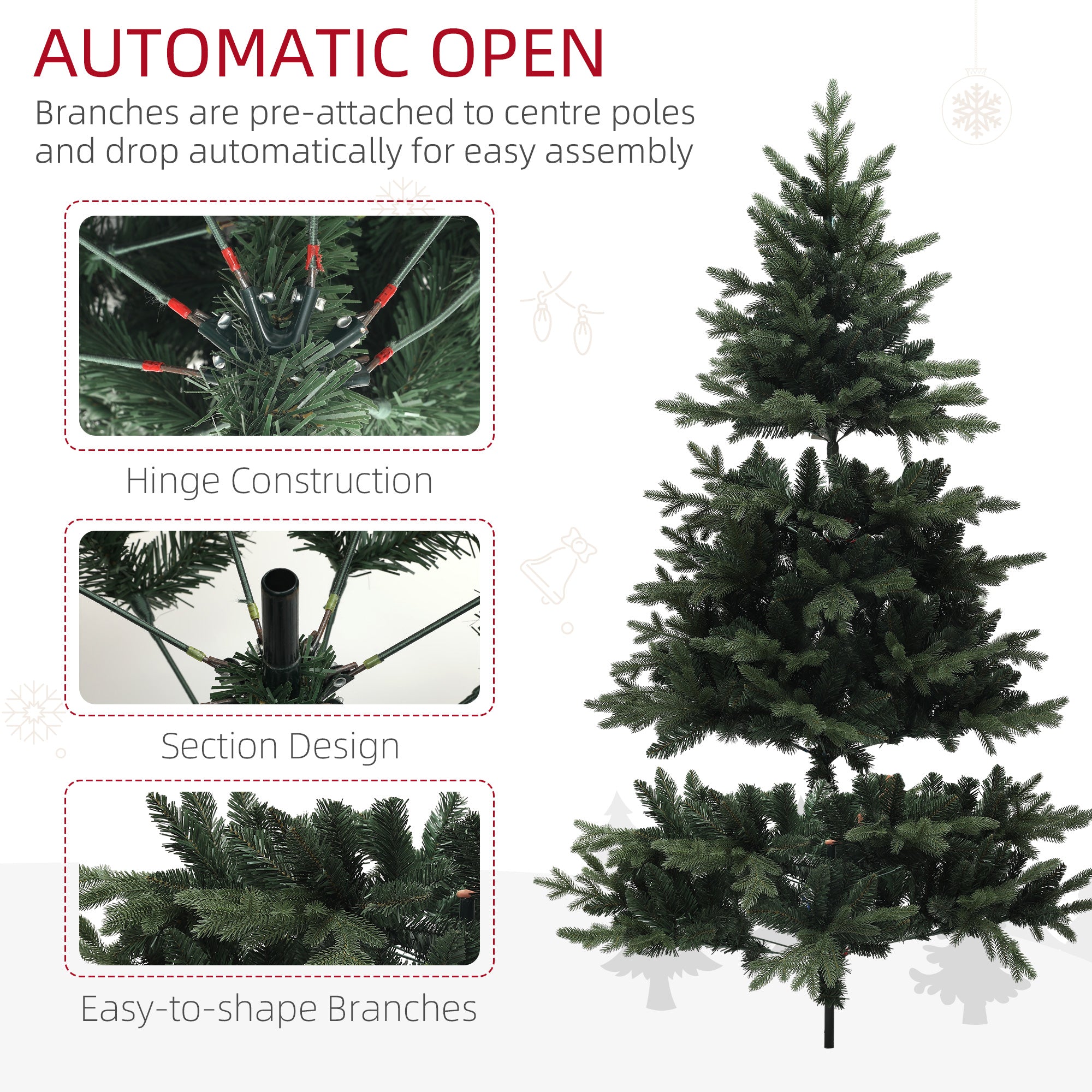 HOMCOM 6ft Artificial Spurce Christmas Tree with 1696 Branch Tips and Foldable Steel Base, Realistic Hinged Xmas Tree, Holiday Décor for Home Office, Green