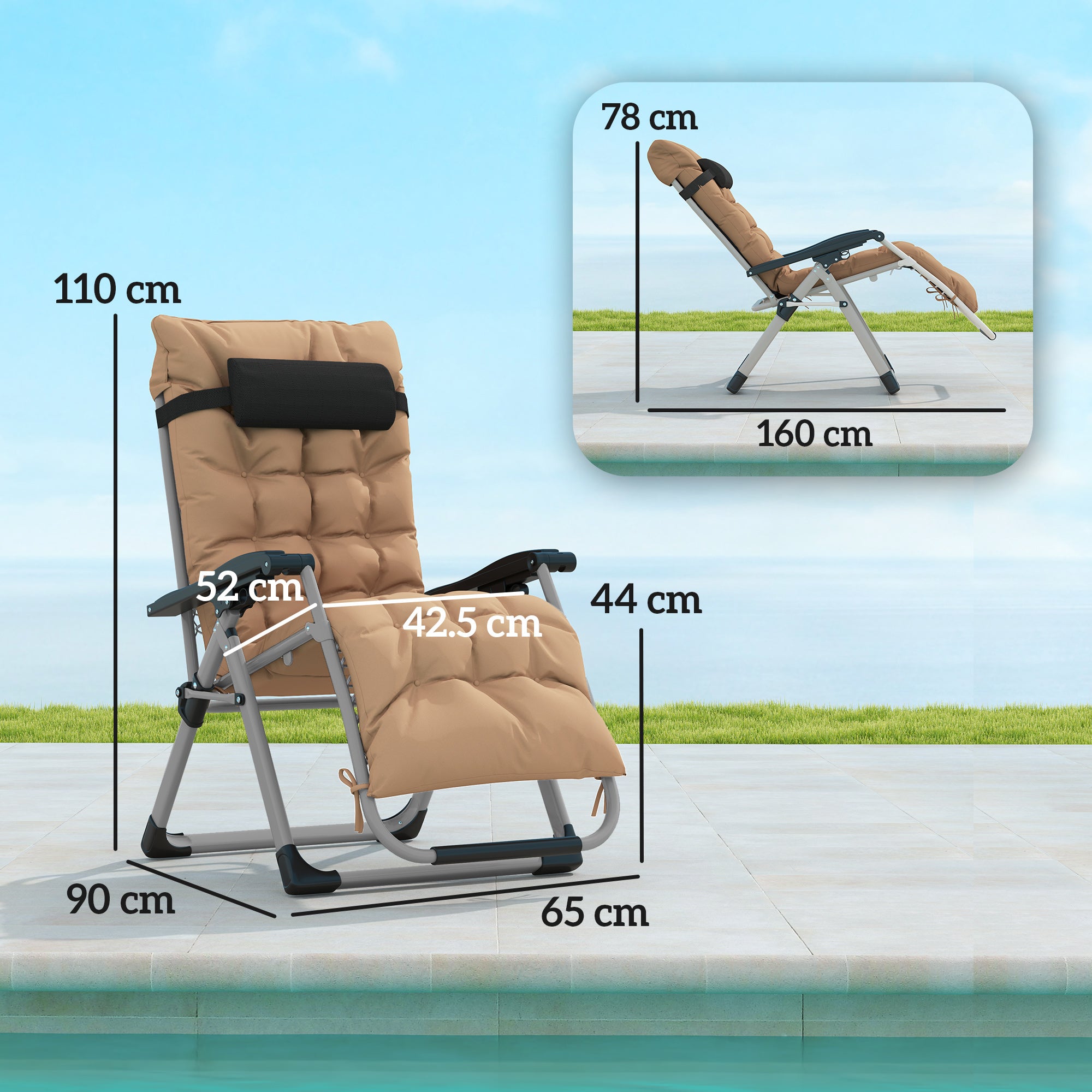 Outsunny 2 Piece Reclining Zero Gravity Sun Loungers with Cushions, Khaki - North Peak Garden Furniture